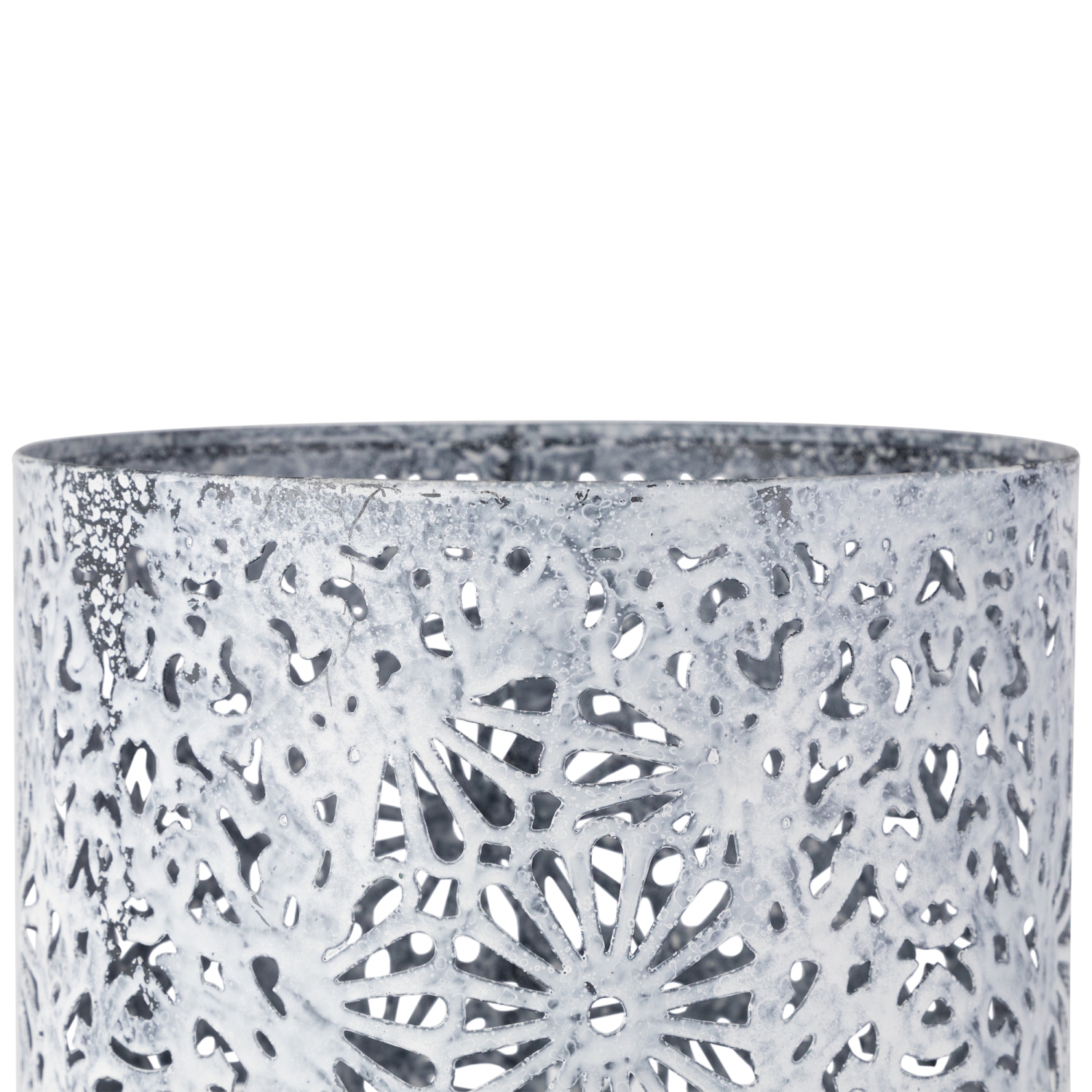 Bougeoirs en fer à fleurs coupés au laser - 10 po - Gris et blanc - Ensemble de 2