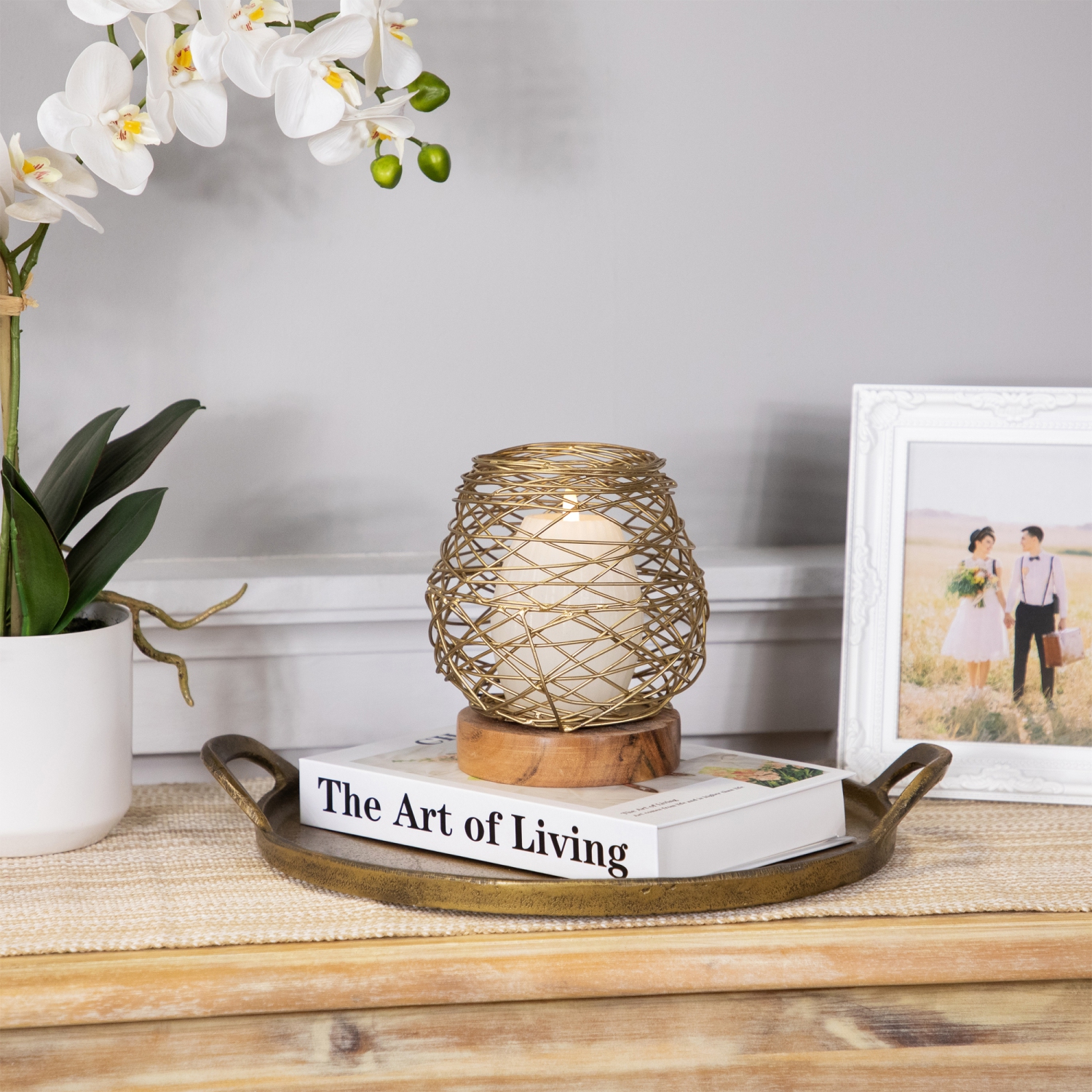 Small Woven Iron Votive Candle Holder with Wooden Base - 6.25" - Brass Finish