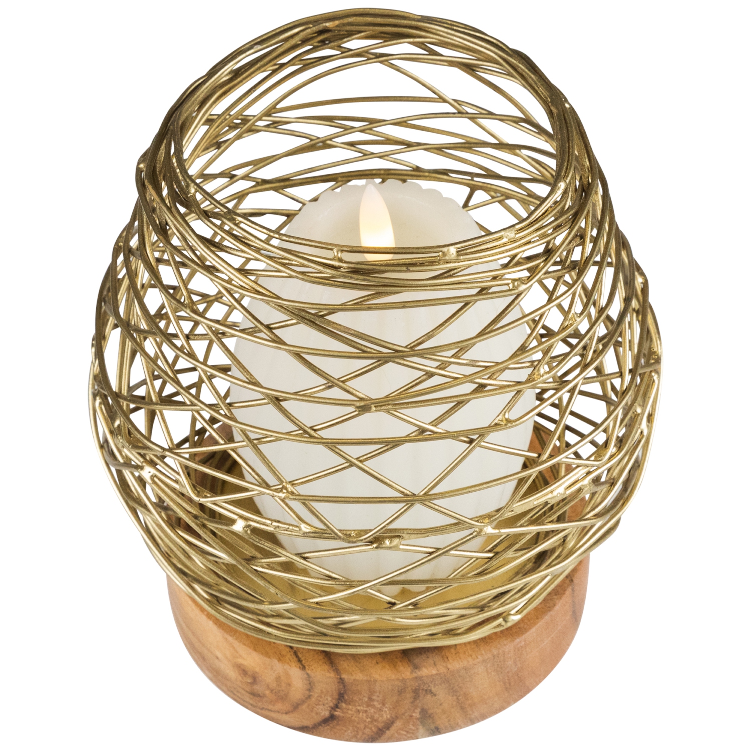 Small Woven Iron Votive Candle Holder with Wooden Base - 6.25" - Brass Finish