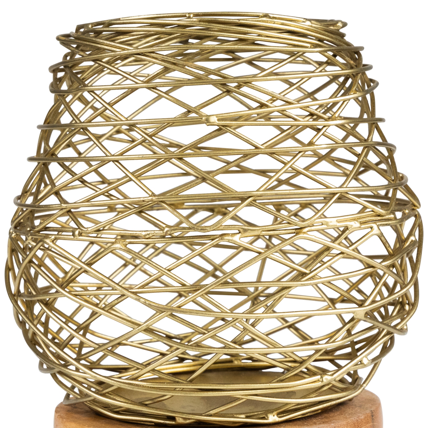 Small Woven Iron Votive Candle Holder with Wooden Base - 6.25" - Brass Finish