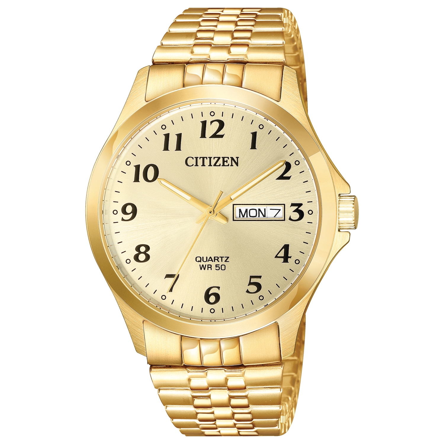 Montre à quartz japonais pour hommes de Citizen 38&nbsp;mm, boîtier en acier inoxydable doré et cadran extensible avec champagne