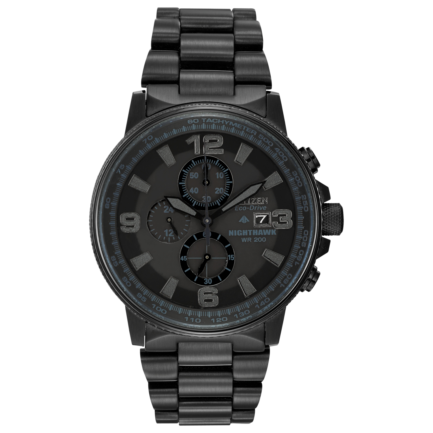 Montre pour hommes Nighthawk japonaise Eco-Drive 42&nbsp;mm de Citizen avec boîtier et bracelet en inox noir et cadran noir