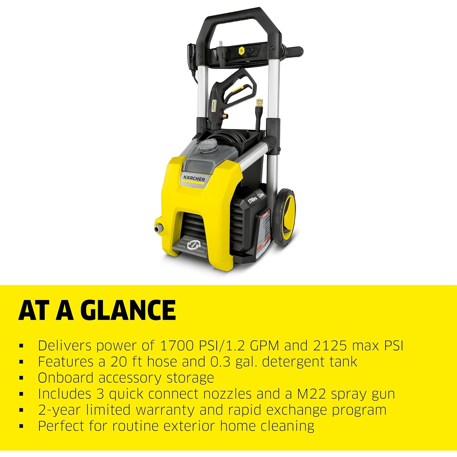 Kärcher K1700 Max 2125 PSI Electric Pressure Washer with 3 Spray Nozzles - Great for cleaning Cars, Siding, Driveways, Fencing and more - 1.2 GPM