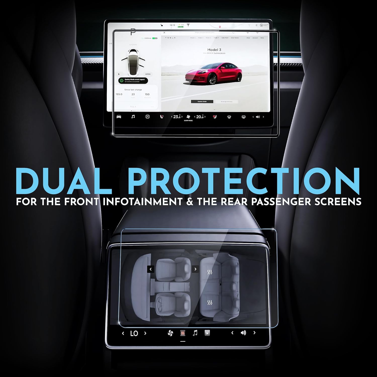 Inskin Screen Protector for Tesla Model 3 Highland 2024-Tempered Glass Set for Dashboard Display & Rear Screen (8 inch), Matte Anti-Glare, Auto-Align