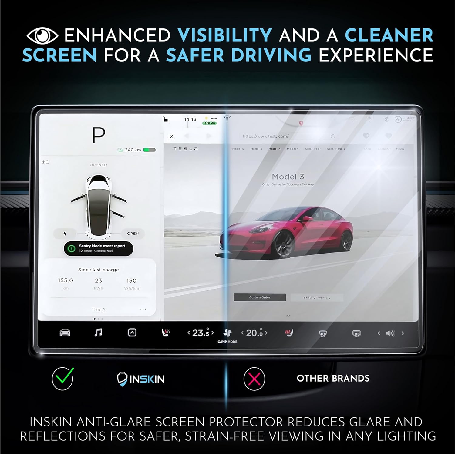 Inskin Screen Protector for Tesla Model 3 Highland 2024-Tempered Glass Set for Dashboard Display & Rear Screen (8 inch), Matte Anti-Glare, Auto-Align