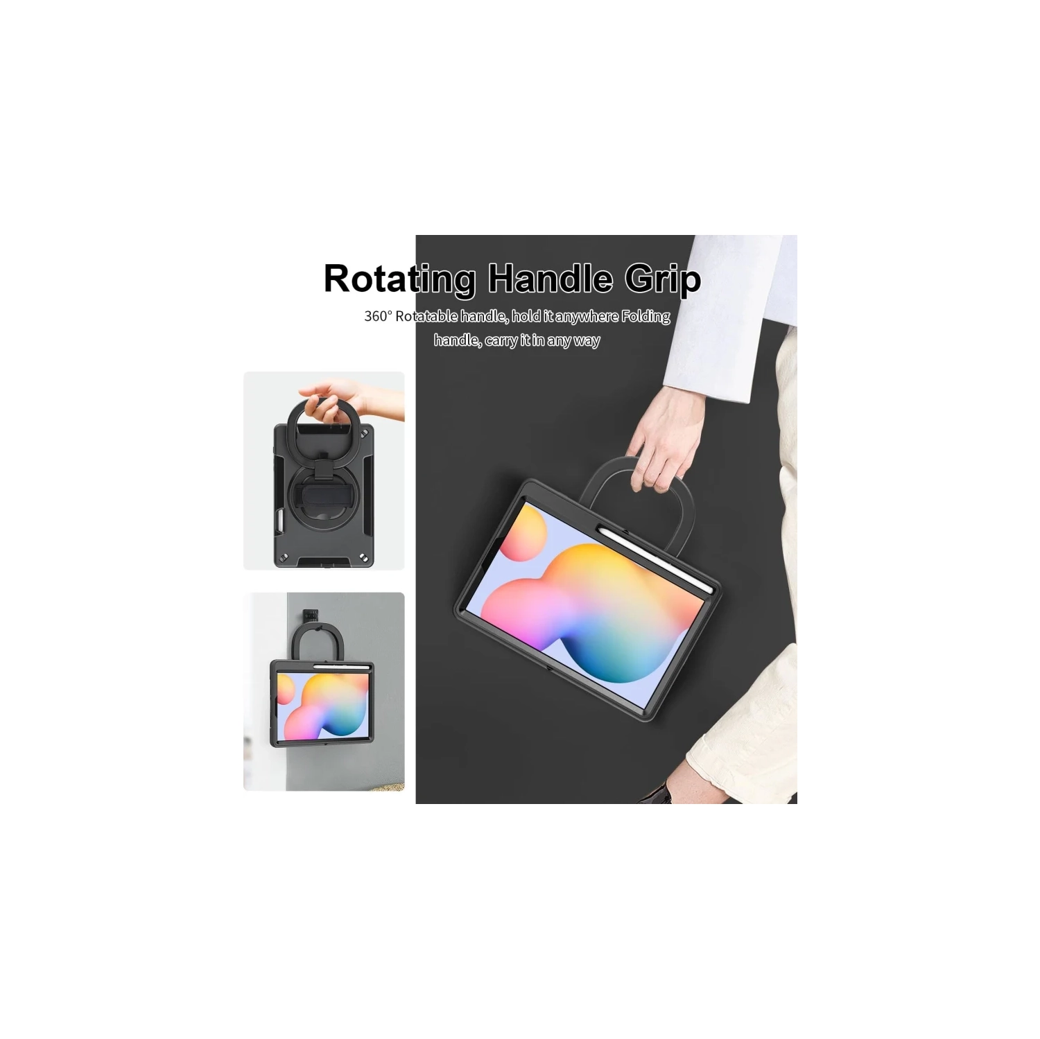 Military Grade Case for Galaxy Tab S6 Lite 10.4 Inch - Kids Shockproof Cover with 360° Rotating Handle, Kickstand, Hand Strap, Pen Holder, Black