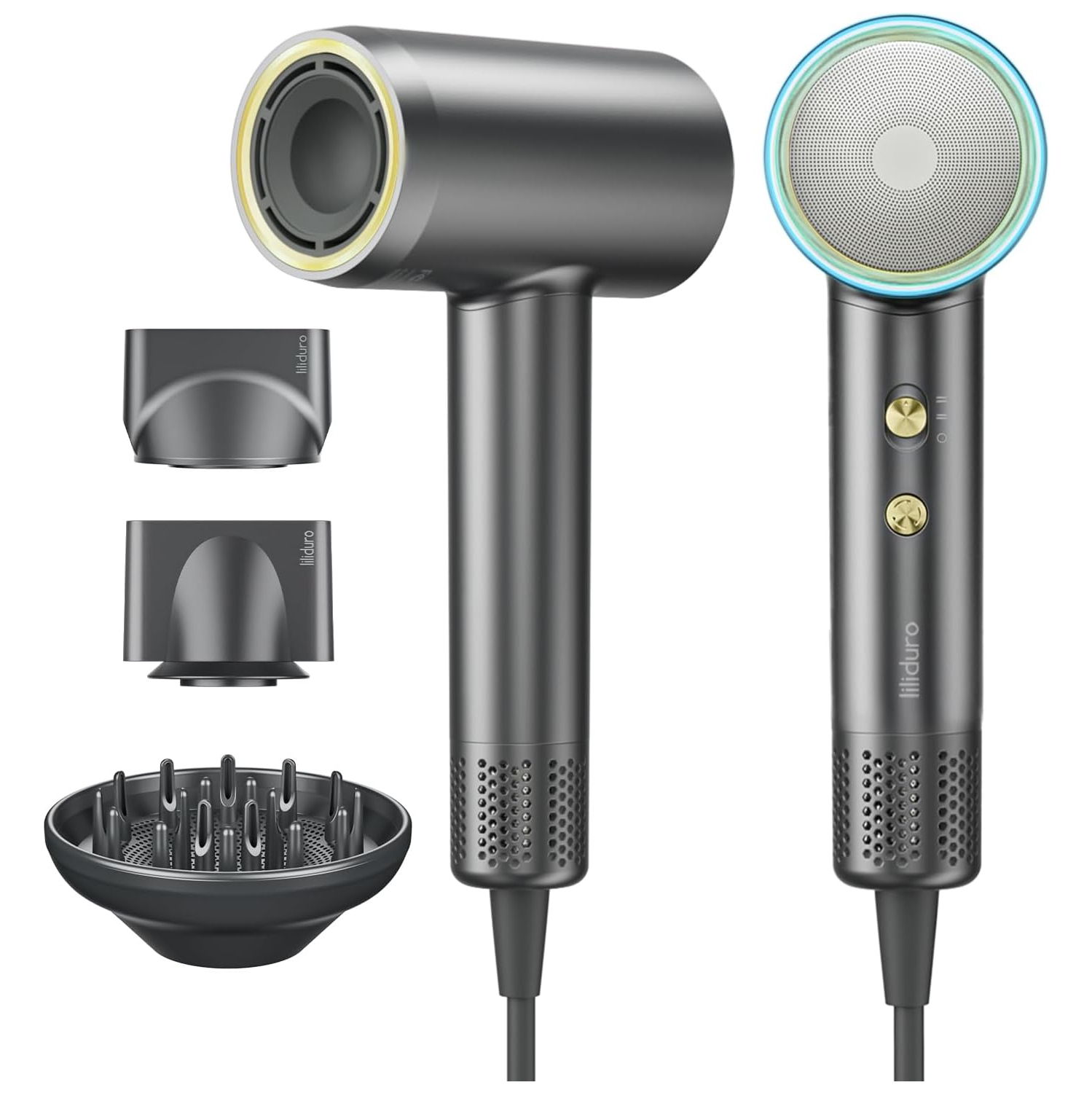Sèche-cheveux professionnel ionique haute vitesse négative de Lilliduro avec divers accessoires de buses magnétiques, diffuseur de buse,