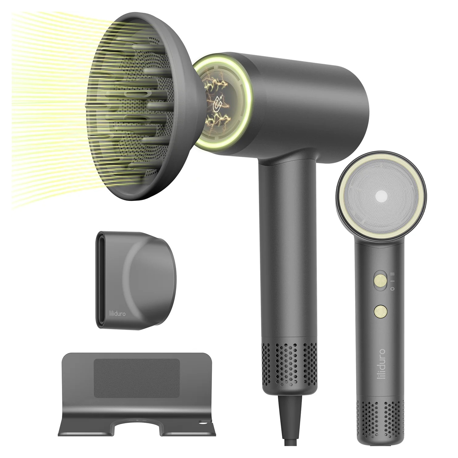 Sèche-cheveux professionnel ionique haute vitesse négative de Lilliduro avec divers accessoires de buses magnétiques, diffuseur de buse,