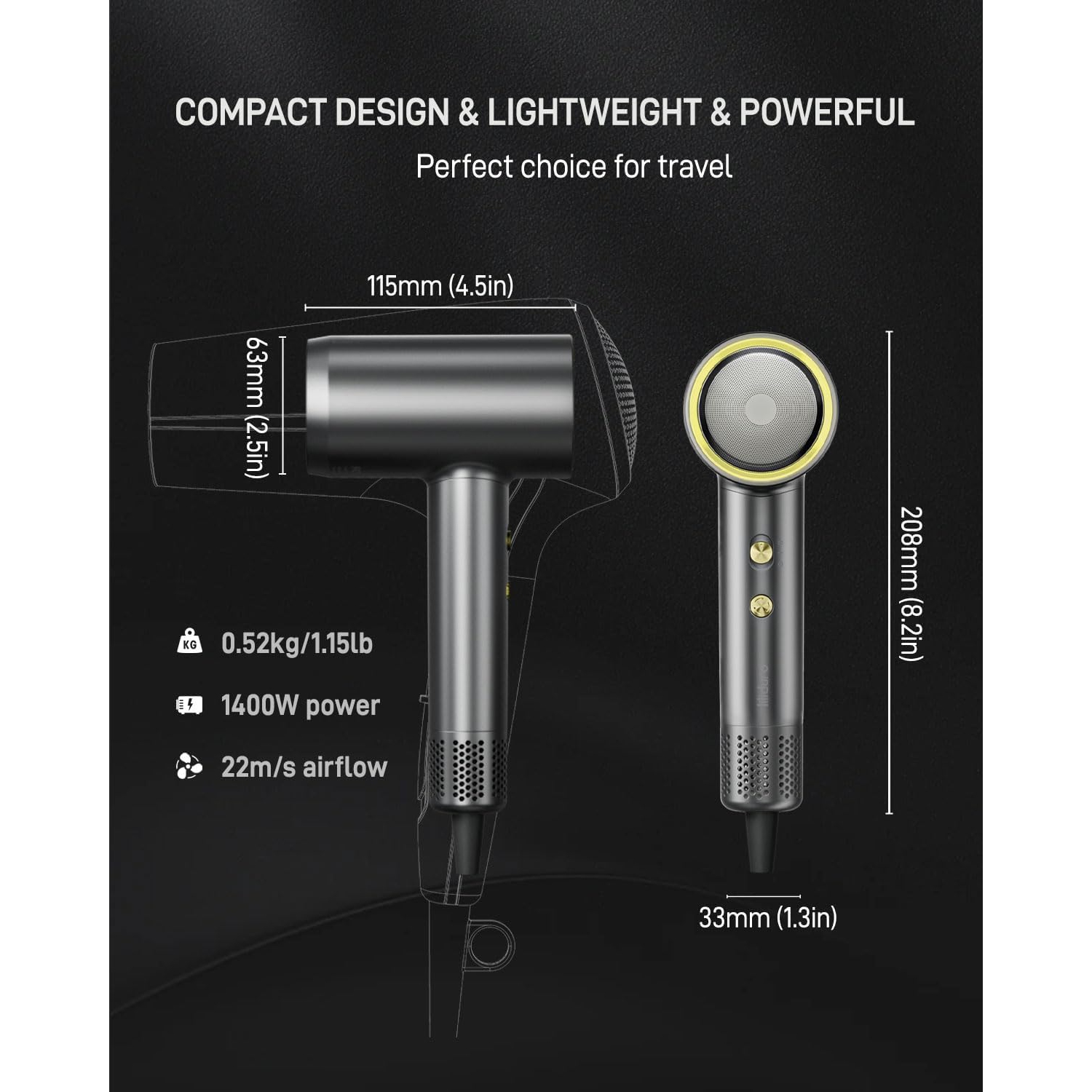 Sèche-cheveux professionnel ionique haute vitesse négative de Lilliduro avec divers accessoires de buses magnétiques, diffuseur de buse,