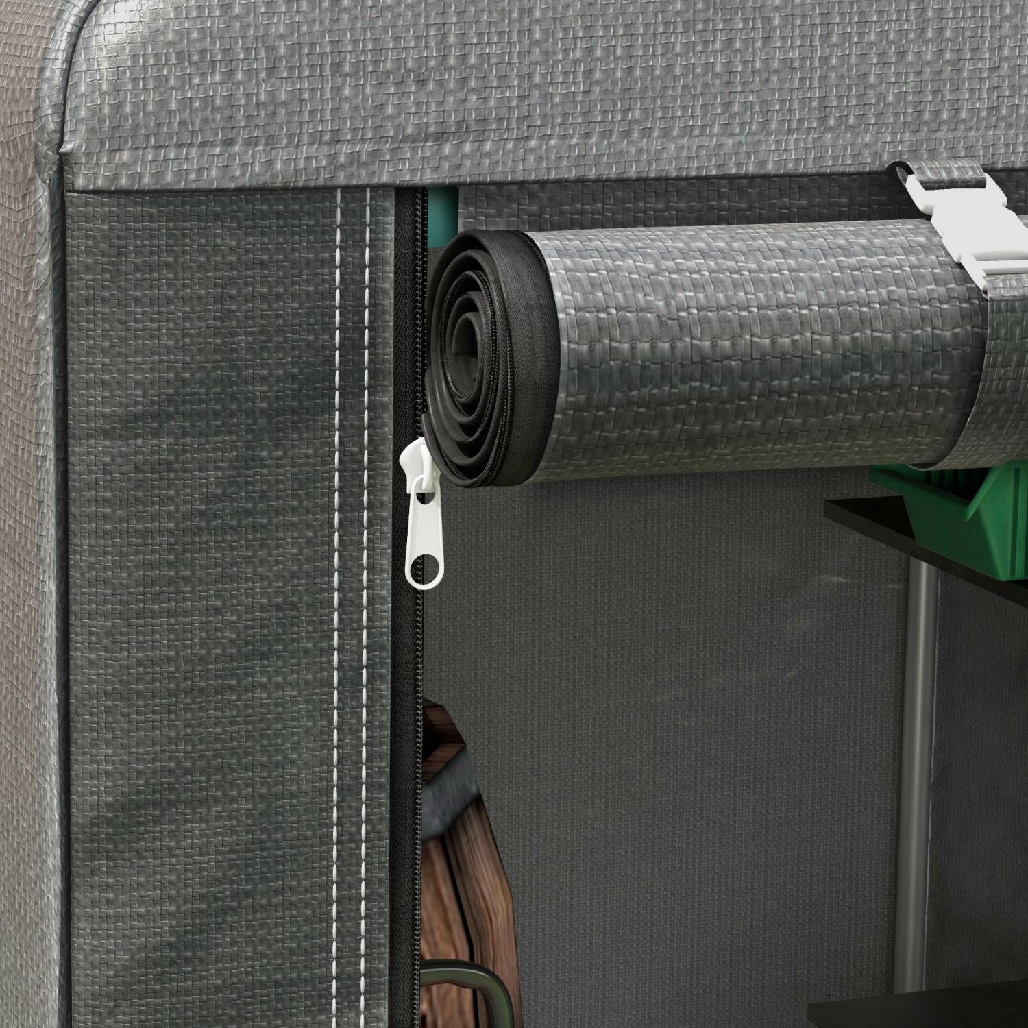 Tente de rangement extérieure avec cadre en acier galvanisé et porte à rideau pour moto, vélo et outils de jardinage en gris foncé de 4 unités