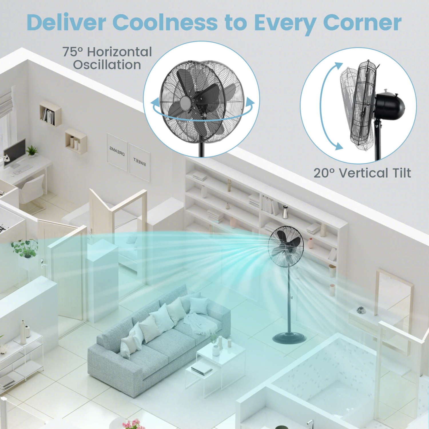 Ventilateur sur pied de 16 po de Costway avec 3 réglages de vitesse, poignée de transport, pales en aluminium