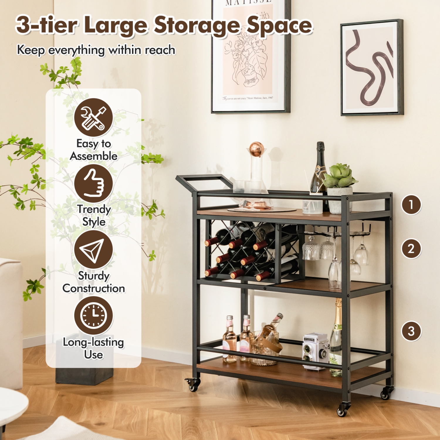 Costway 3-tier Bar Cart on Wheels Home Kitchen Serving Cart with Wine Rack & Glass Holder