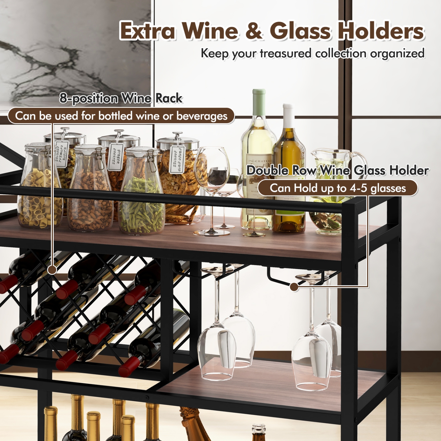Costway 3-tier Bar Cart on Wheels Home Kitchen Serving Cart with Wine Rack & Glass Holder