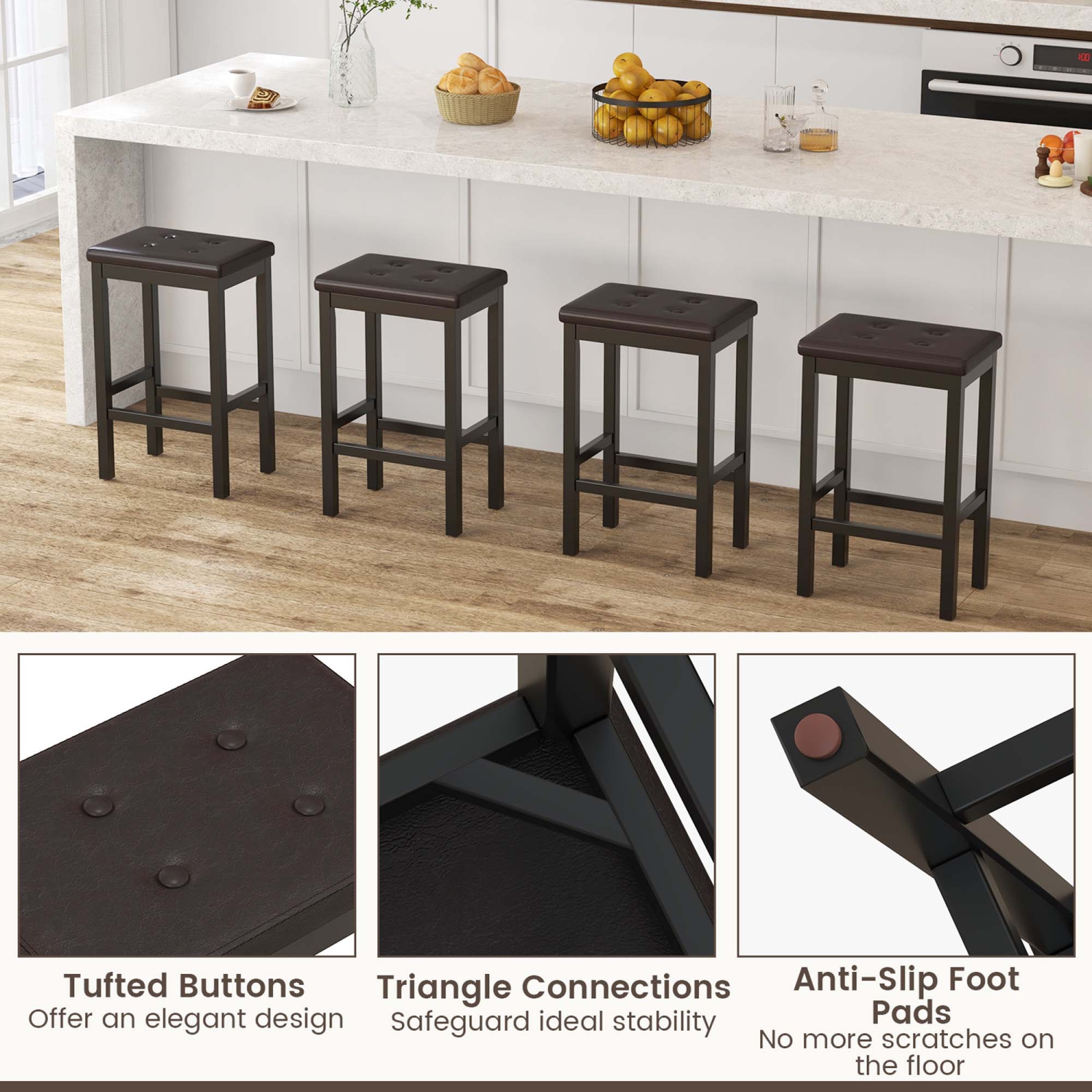 Costway Set of 2 Rubber Wood Bar Stools 24" Counter Height Stool with Padded Seat, Footrest