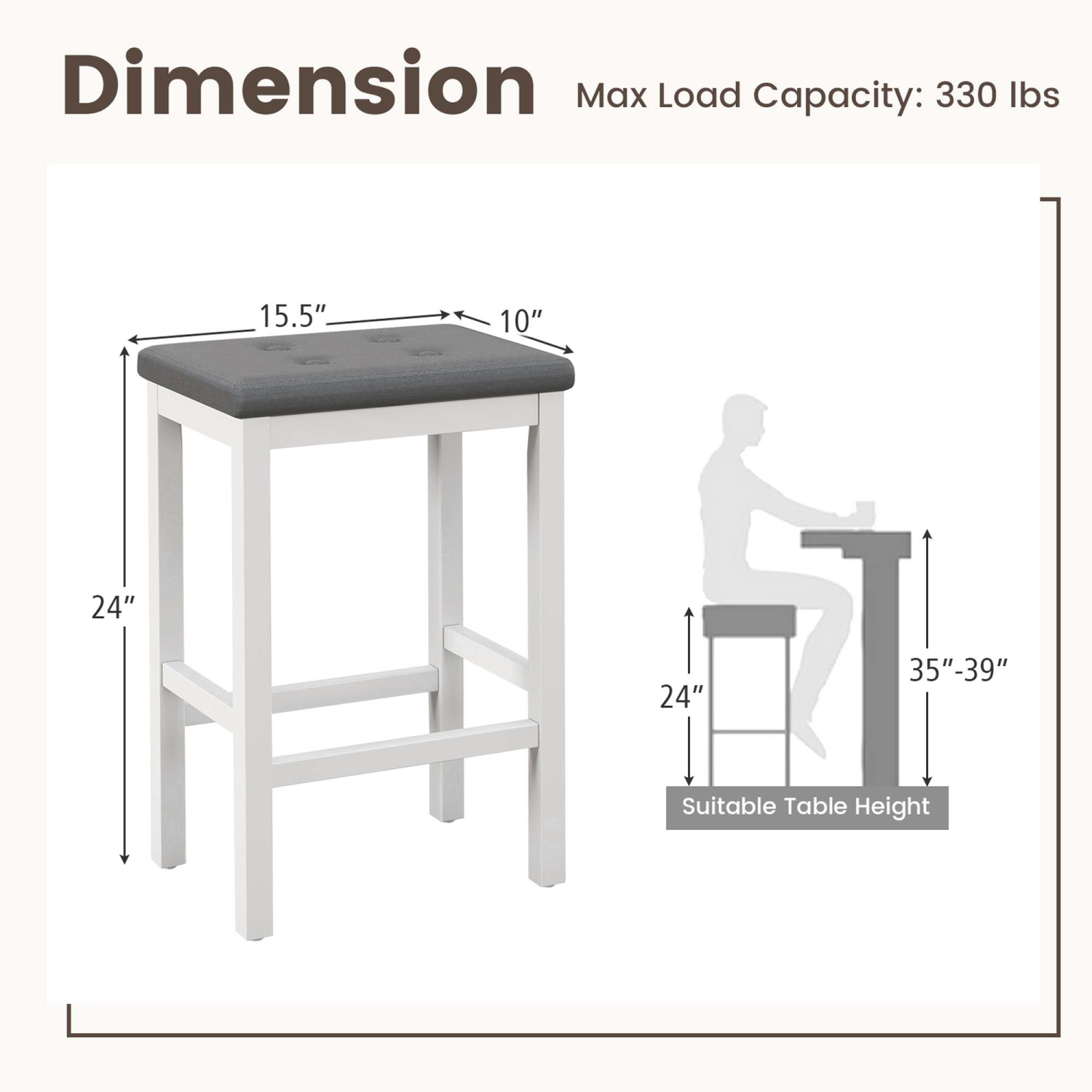 Ensemble de 2 tabourets de bar en bois et caoutchouc de Costway, tabouret à hauteur de comptoir de 24 po avec siège rembourré, repose-pieds