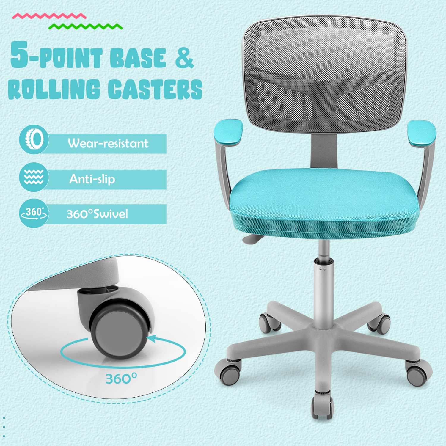 Costway Auto Lock Kids Mesh Chair with Armrests Height Adjustable 360-Degree Swivel