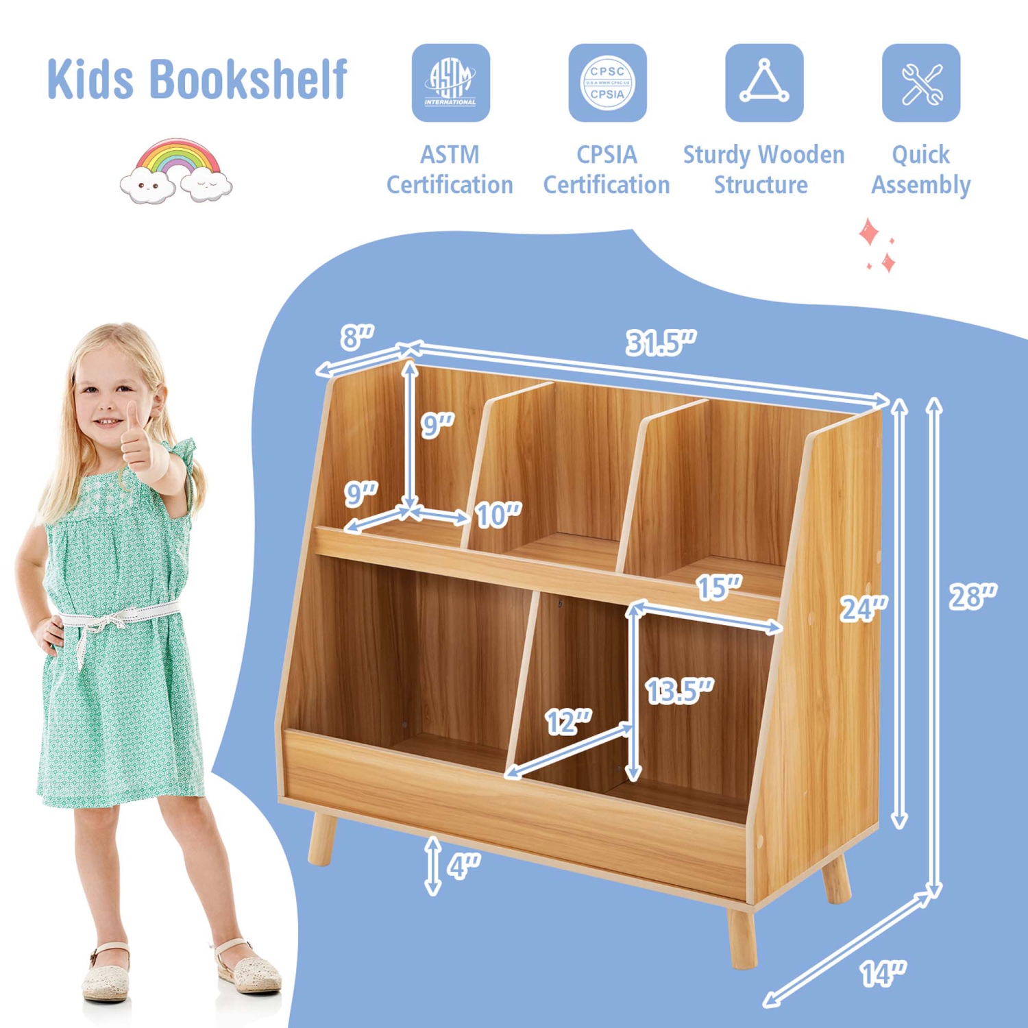 Bibliothèque de rangement en bois à 5 cubes avec pattes en bois pour enfants de Costway