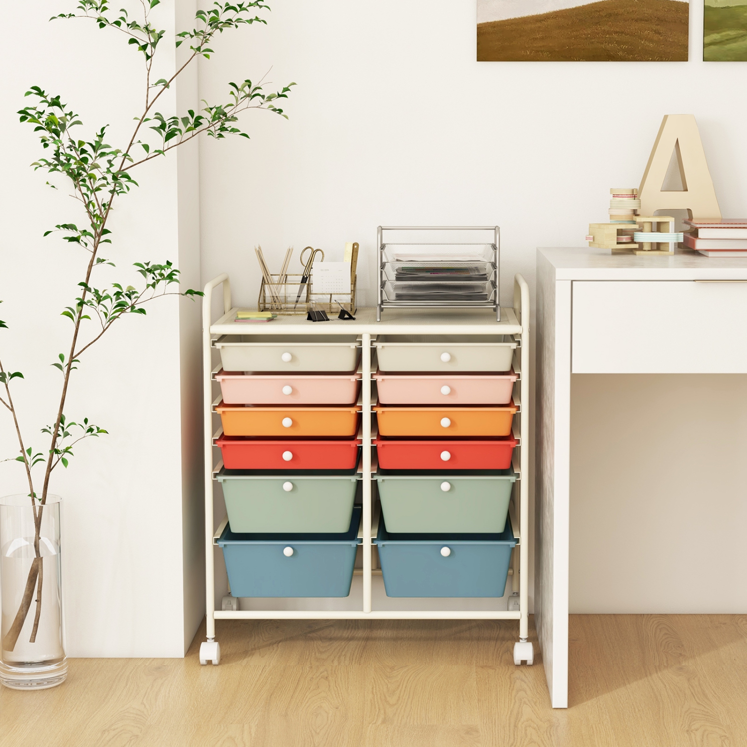 Costway 12 Drawers Rolling Cart Storage Mutlicolor Scrapbook Paper Studio Organizer Bins