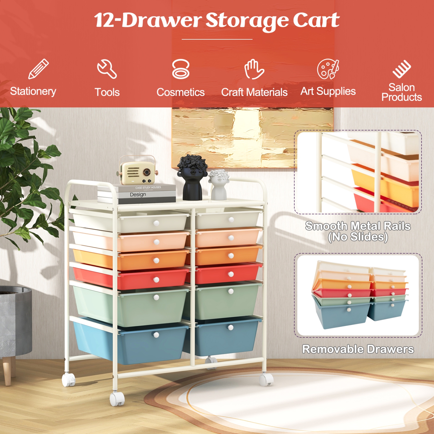 Costway 12 Drawers Rolling Cart Storage Mutlicolor Scrapbook Paper Studio Organizer Bins
