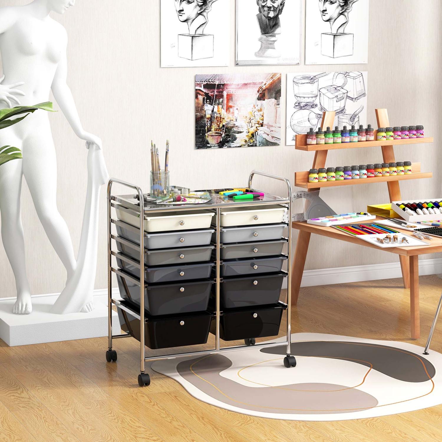 Costway 12 Drawers Rolling Cart Storage Mutlicolor Scrapbook Paper Studio Organizer Bins