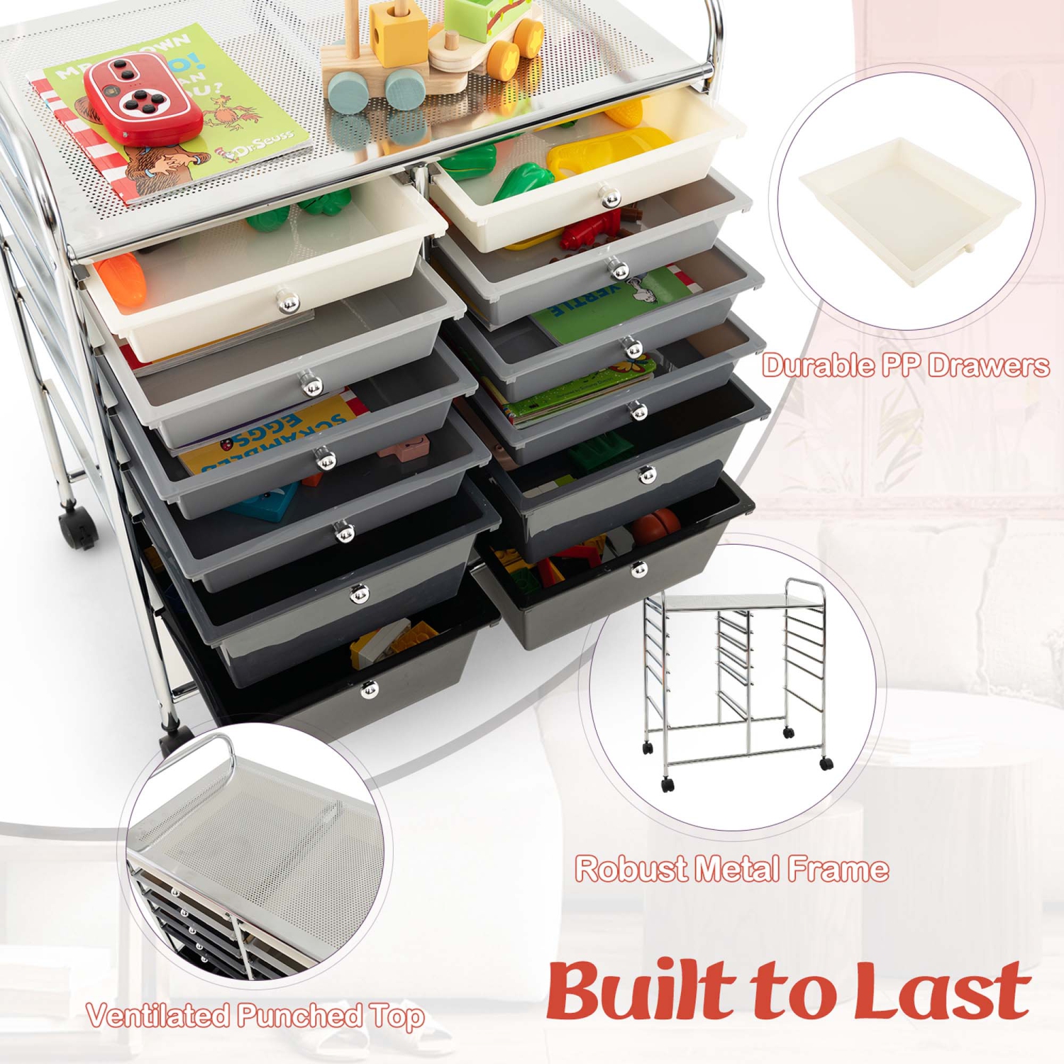 Costway 12 Drawers Rolling Cart Storage Mutlicolor Scrapbook Paper Studio Organizer Bins