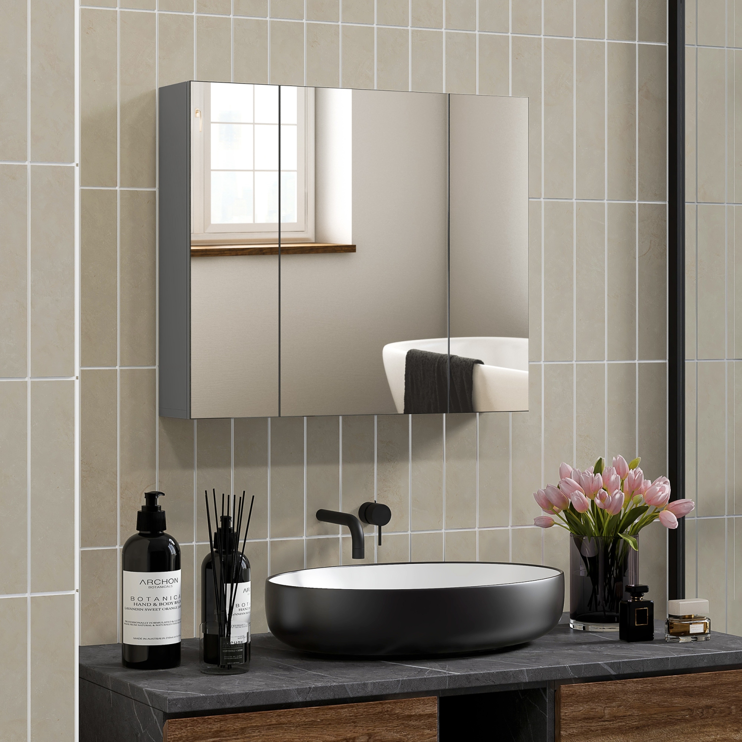kleankin 28" x 24" Medicine Cabinet, Wall Mounted Bathroom Mirror Cabinet with Mirrored Doors, Adjustable Shelves, Grey
