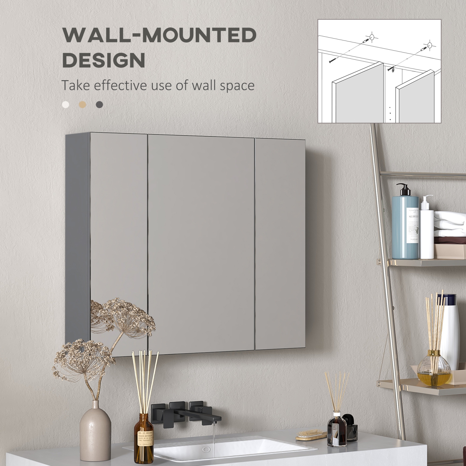 kleankin 28" x 24" Medicine Cabinet, Wall Mounted Bathroom Mirror Cabinet with Mirrored Doors, Adjustable Shelves, Grey
