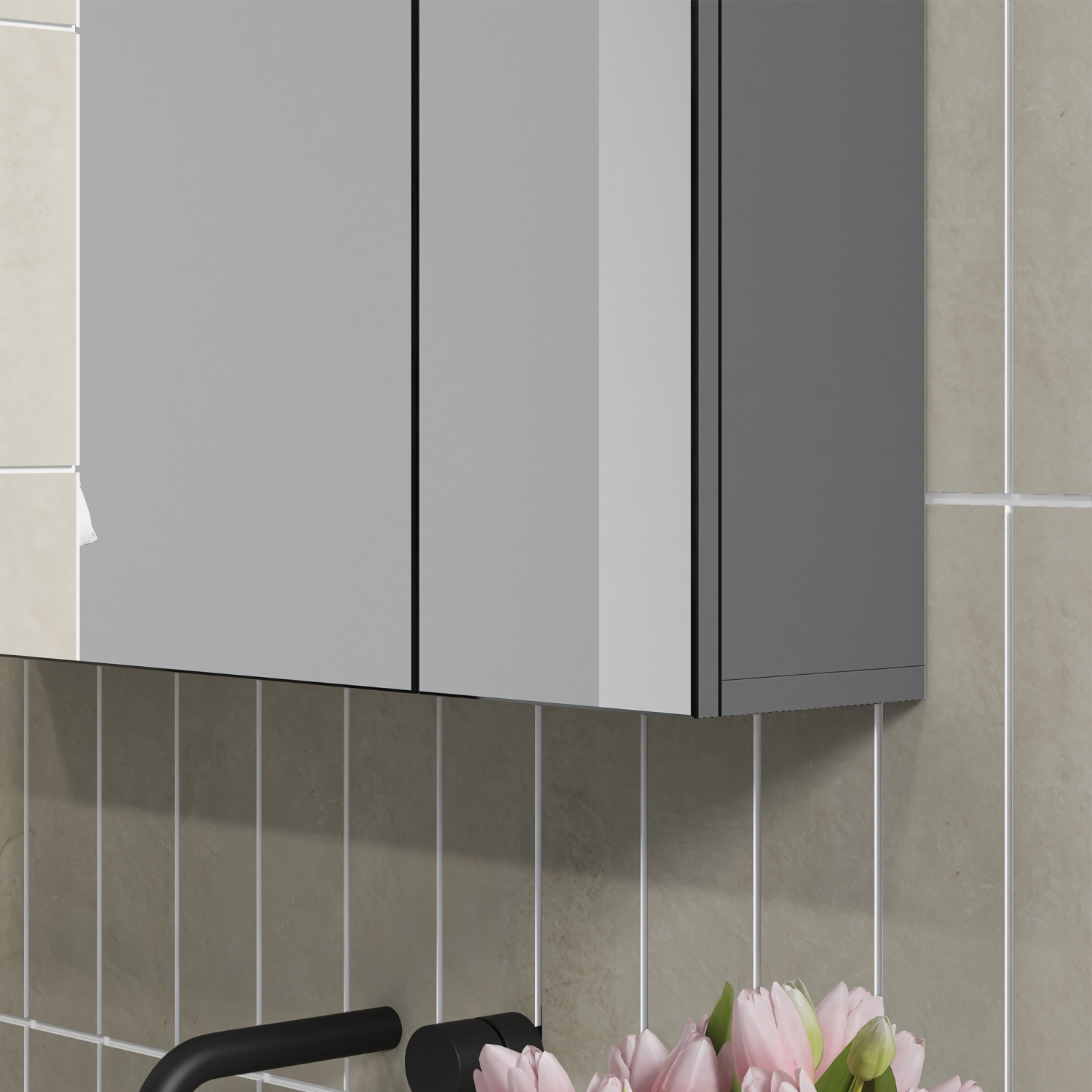 kleankin 28" x 24" Medicine Cabinet, Wall Mounted Bathroom Mirror Cabinet with Mirrored Doors, Adjustable Shelves, Grey