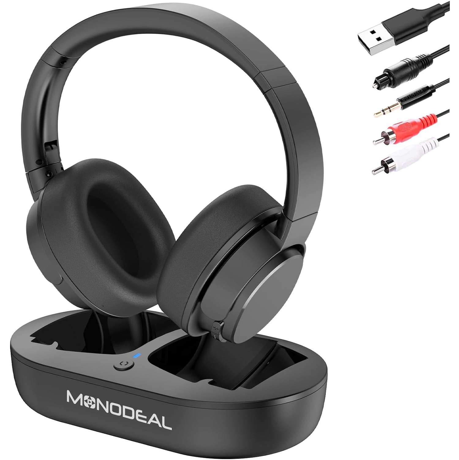 MONODEAL Wireless Headphones for TV Watching with Digital Optical RCA AUX 3.5MM Transmitter & Charging Dock, Over Ear Headset for Seniors, 30Hrs Playtime, 100ft Range, No Lip-Sync