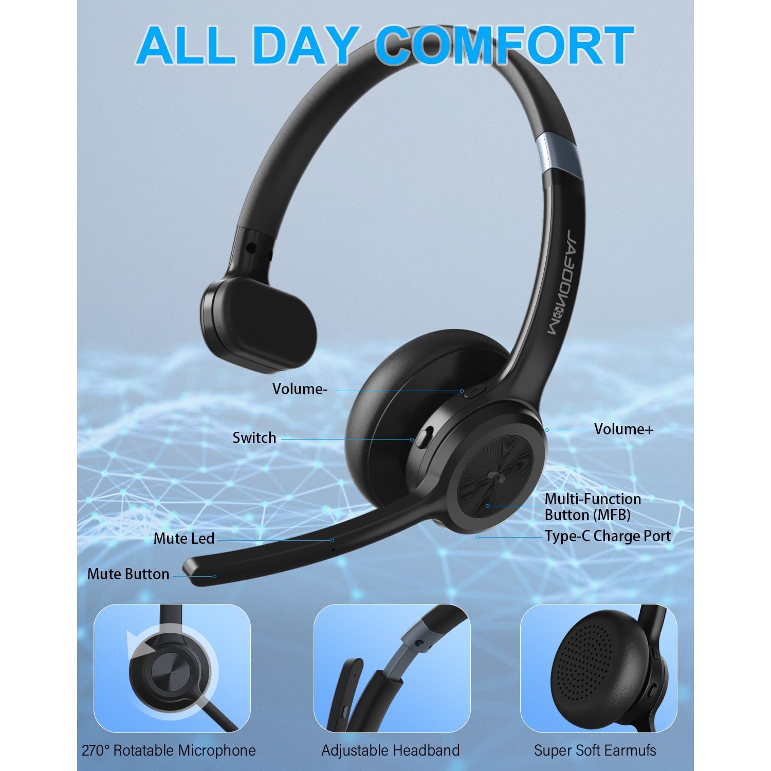 MONODEAL Trucker BT Headset, Wireless Headset with Microphone ENC Noise Cancelling & Mute Button, 40 Hrs Playtime, BT Headphones with Mic for Home