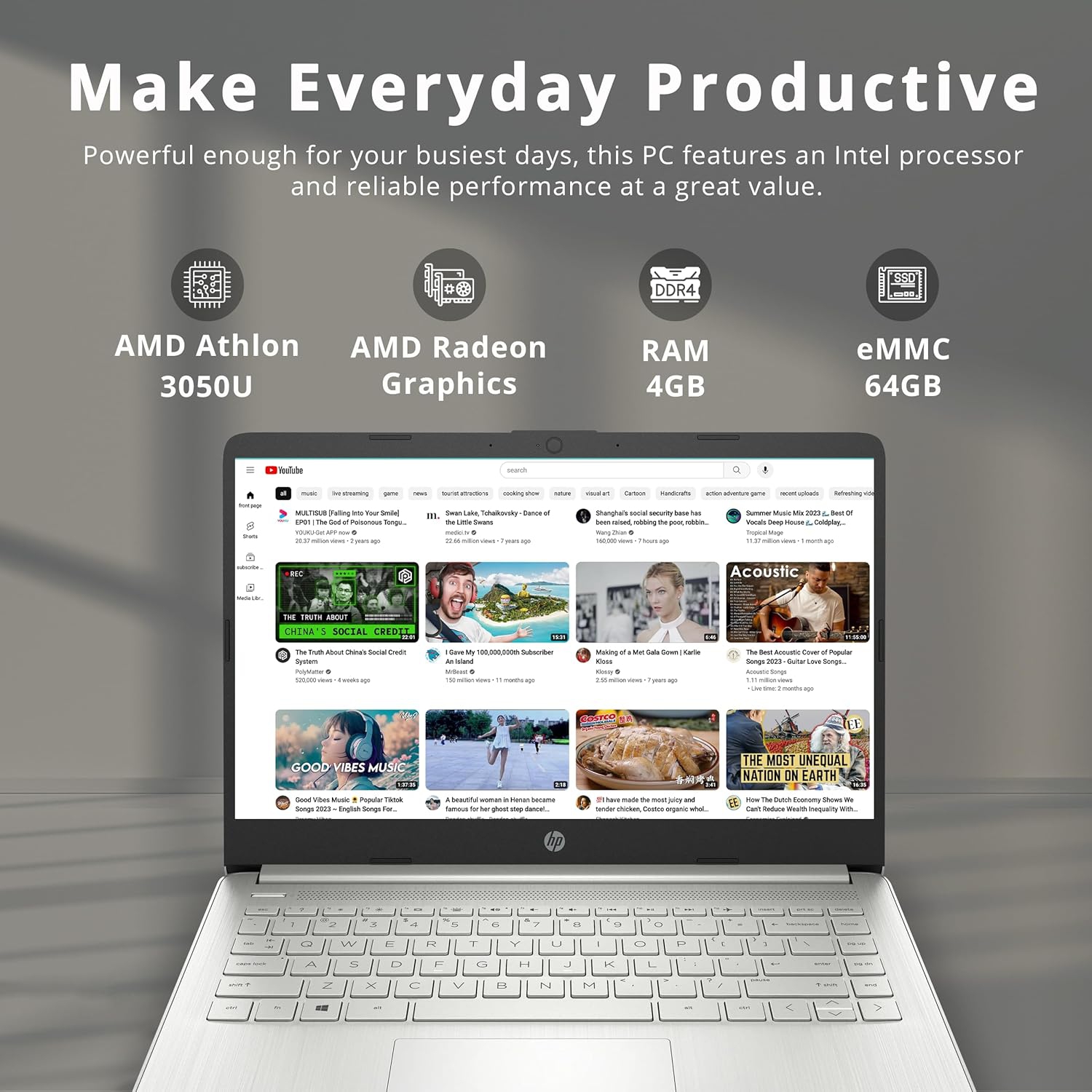 HP Stream 14" HD Laptop, AMD Athlon 3050U, 64GB eMMC, 4GB RAM, ‎Intel UHD Graphics 600, Full-size Keyboard, 720p HD Camera, 1-Year Microsoft 365,