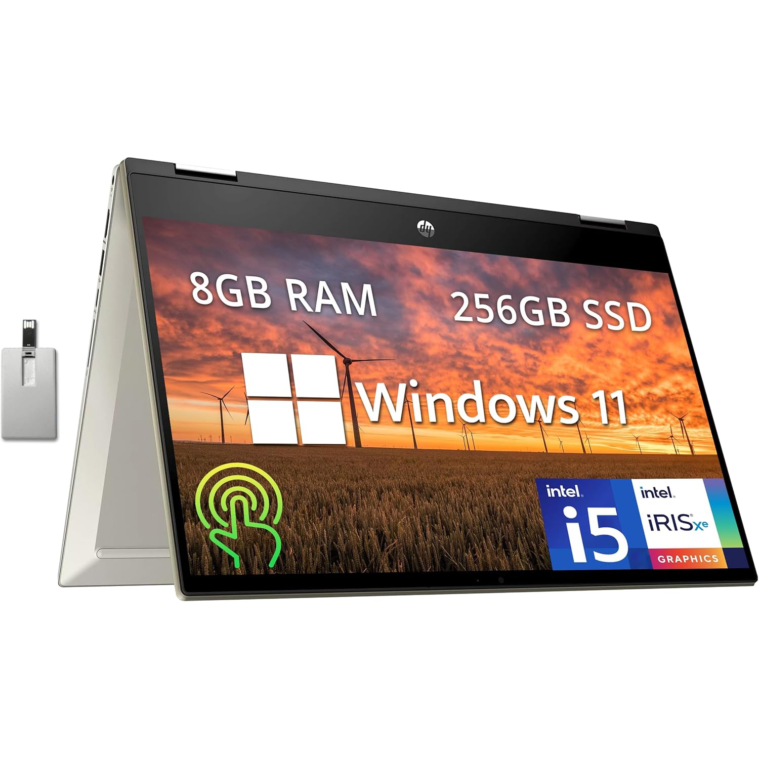HP Pavilion x 360 2-in-1 14" FHD TouchScreen Laptop, Intel Core i5-1135G7, 256GB PCIe SSD, 8GB RAM, Fingerprint reader, Iris Xe Graphics, HD Webcam, Win 11, 32GB Hotface USB Card