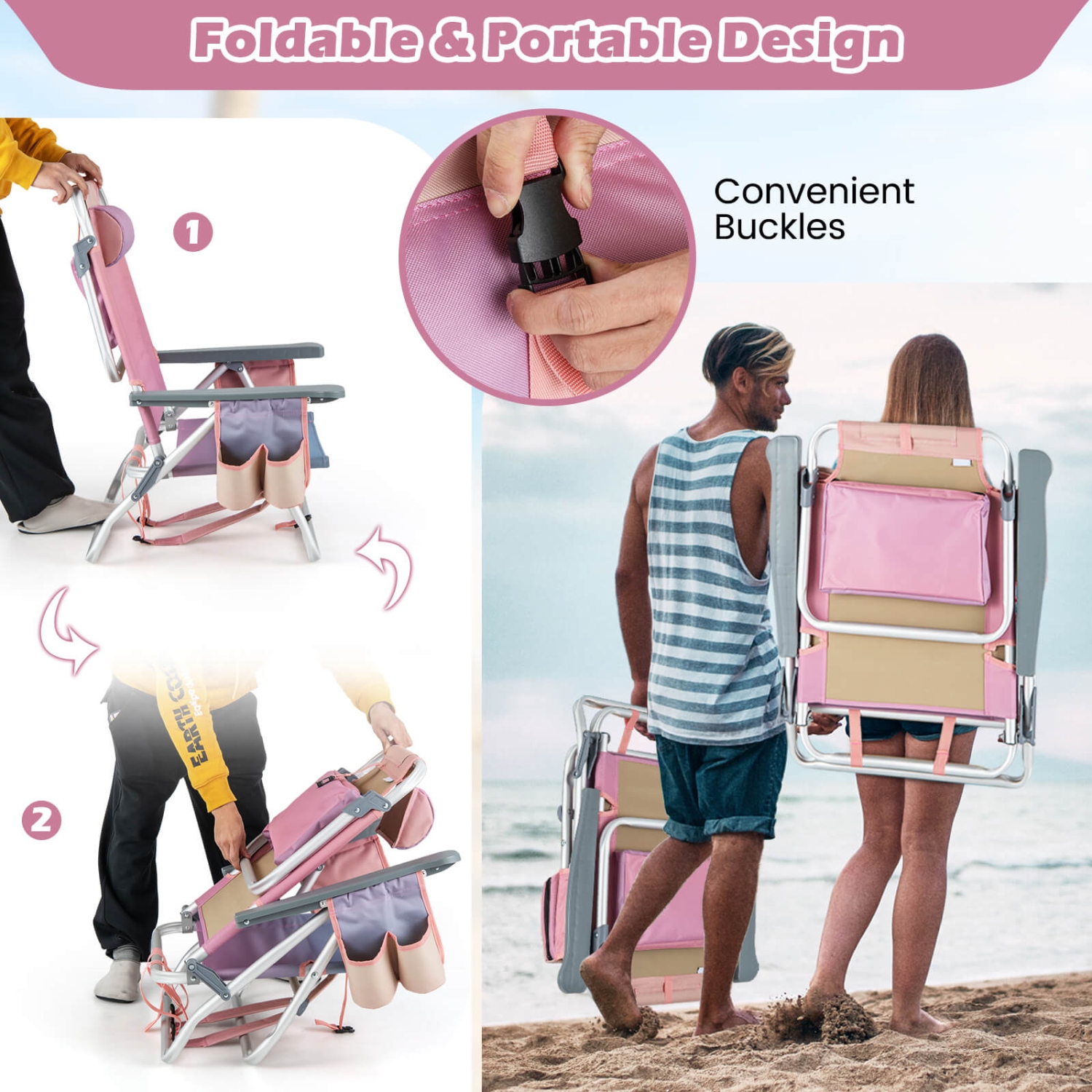 Ensemble de 2 chaises de plage inclinables 5 positions pour l'extérieur avec coussin et sac à dos pliant