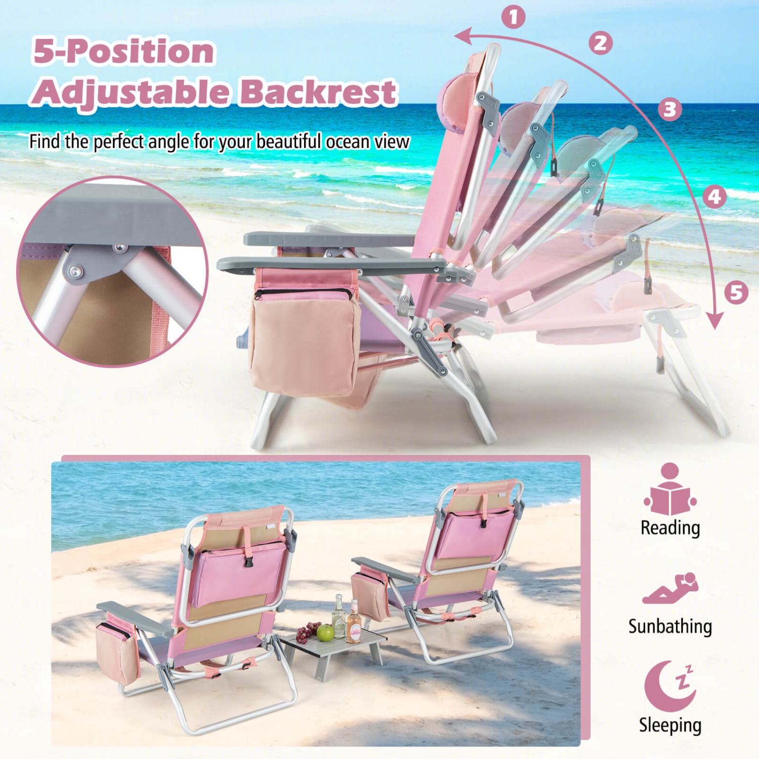 Chaise de plage pliante à dos de Costway 4PCS avec chaise de camping inclinable et sac de rangement