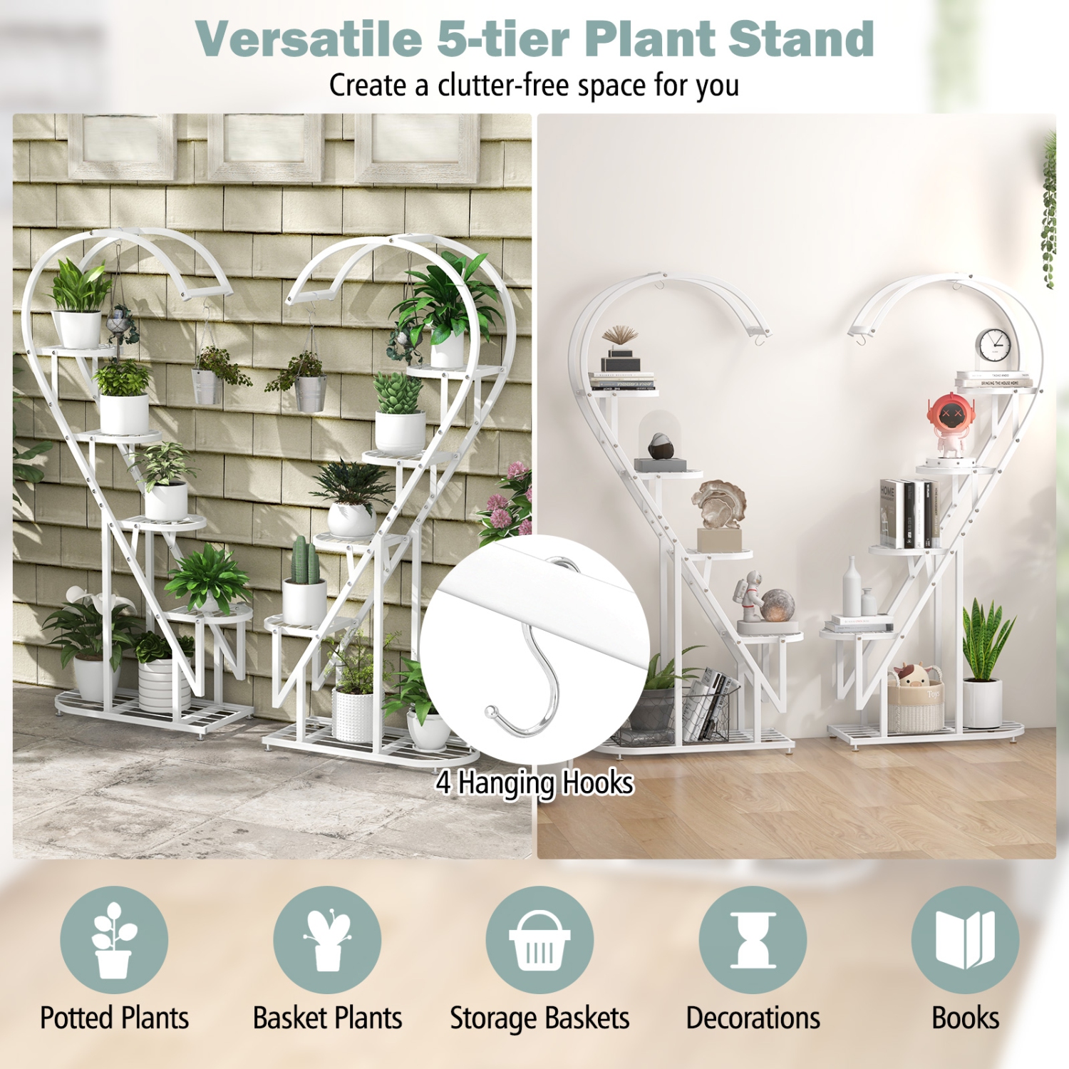 Costway 5 Tier Metal Plant Stand Heart-shaped Shelf with Hanging Hook for Multiple Plants