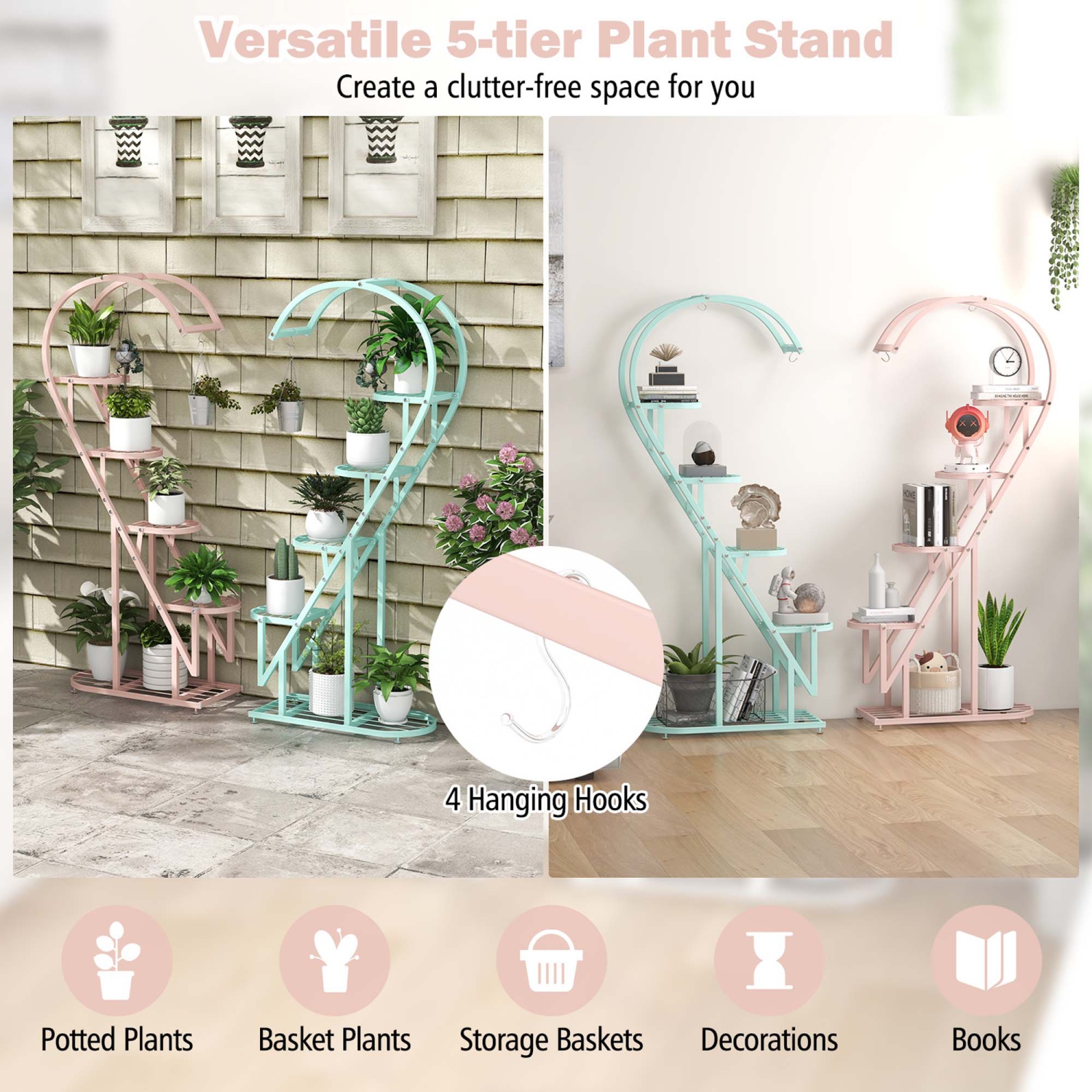 Costway 5 Tier Metal Plant Stand Heart-shaped Shelf with Hanging Hook for Multiple Plants