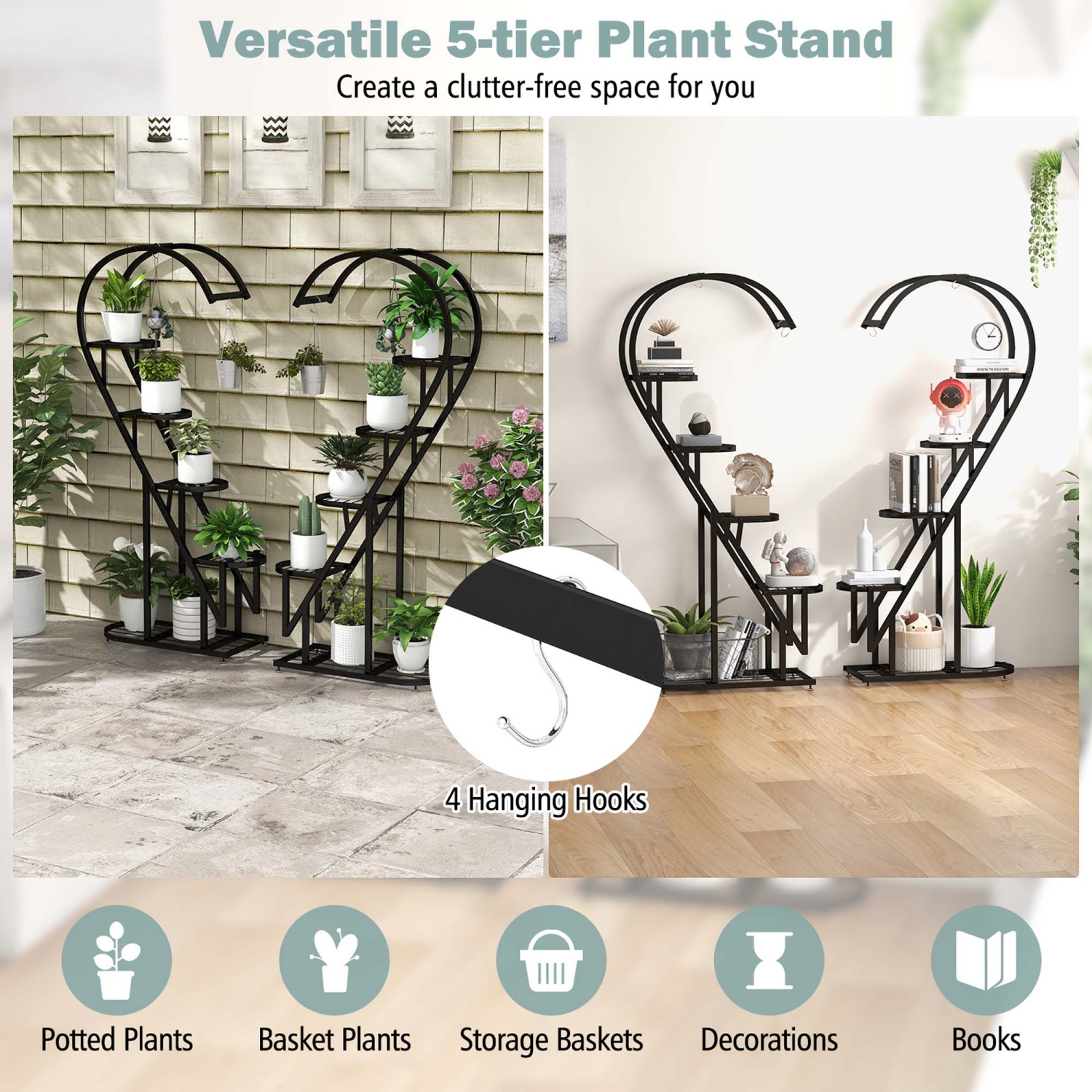 Costway 5 Tier Metal Plant Stand Heart-shaped Shelf with Hanging Hook for Multiple Plants