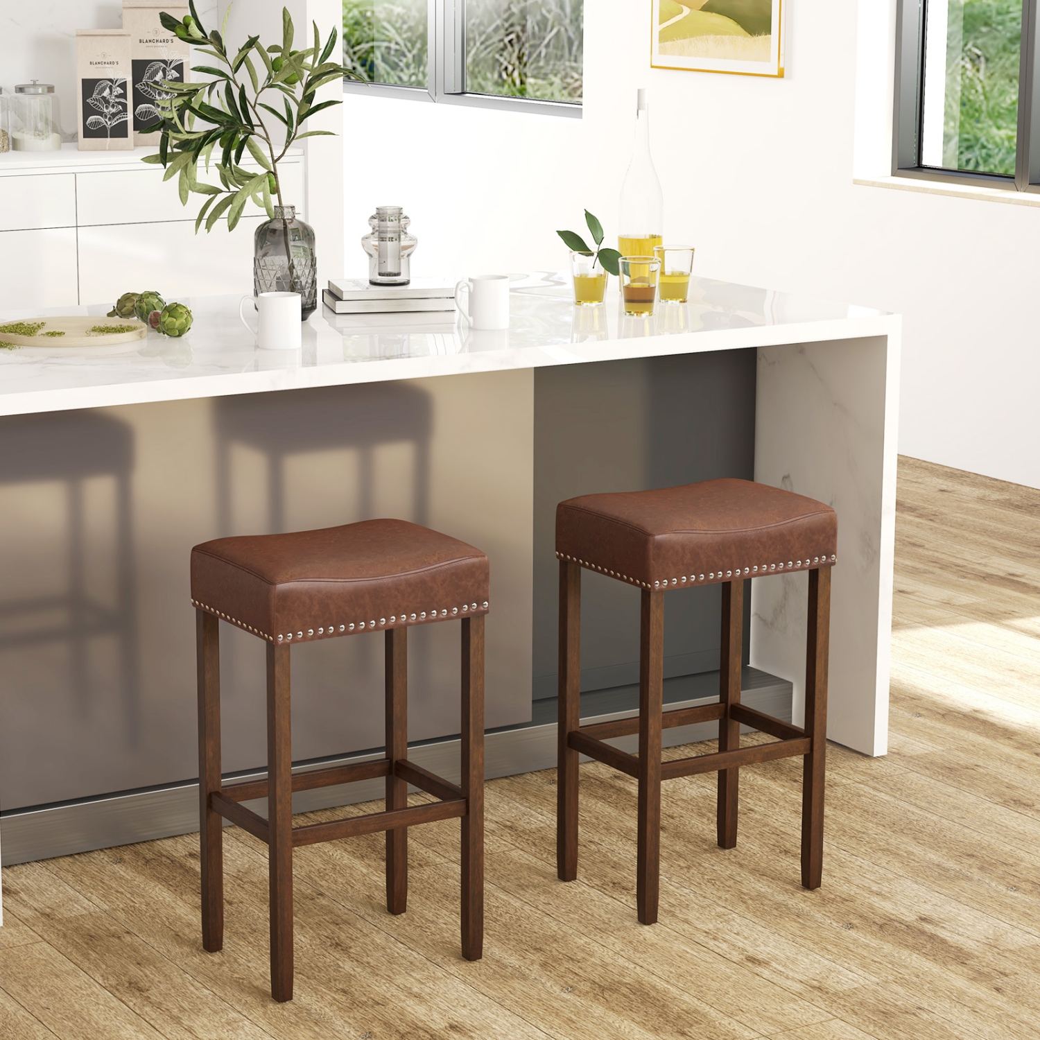 Coastway 29.5" Wood Frame PU Leather Upholstered Bar Stools Set of 2 with Footrests