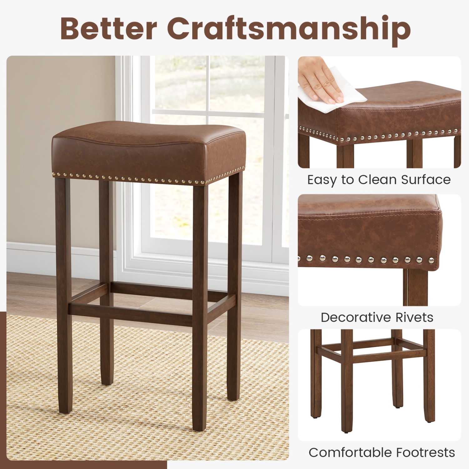 Coastway 29.5" Wood Frame PU Leather Upholstered Bar Stools Set of 2 with Footrests