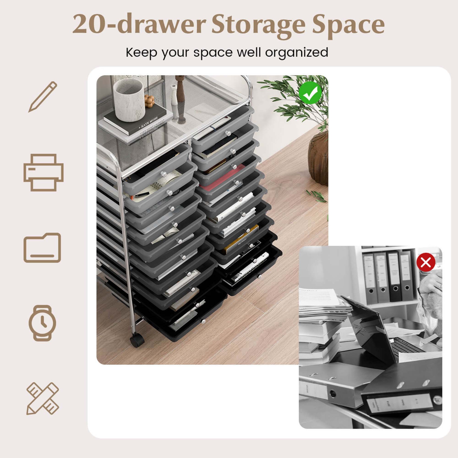 Costway 20 Drawers Rolling Cart Storage Scrapbook Paper Studio Organizer Bins