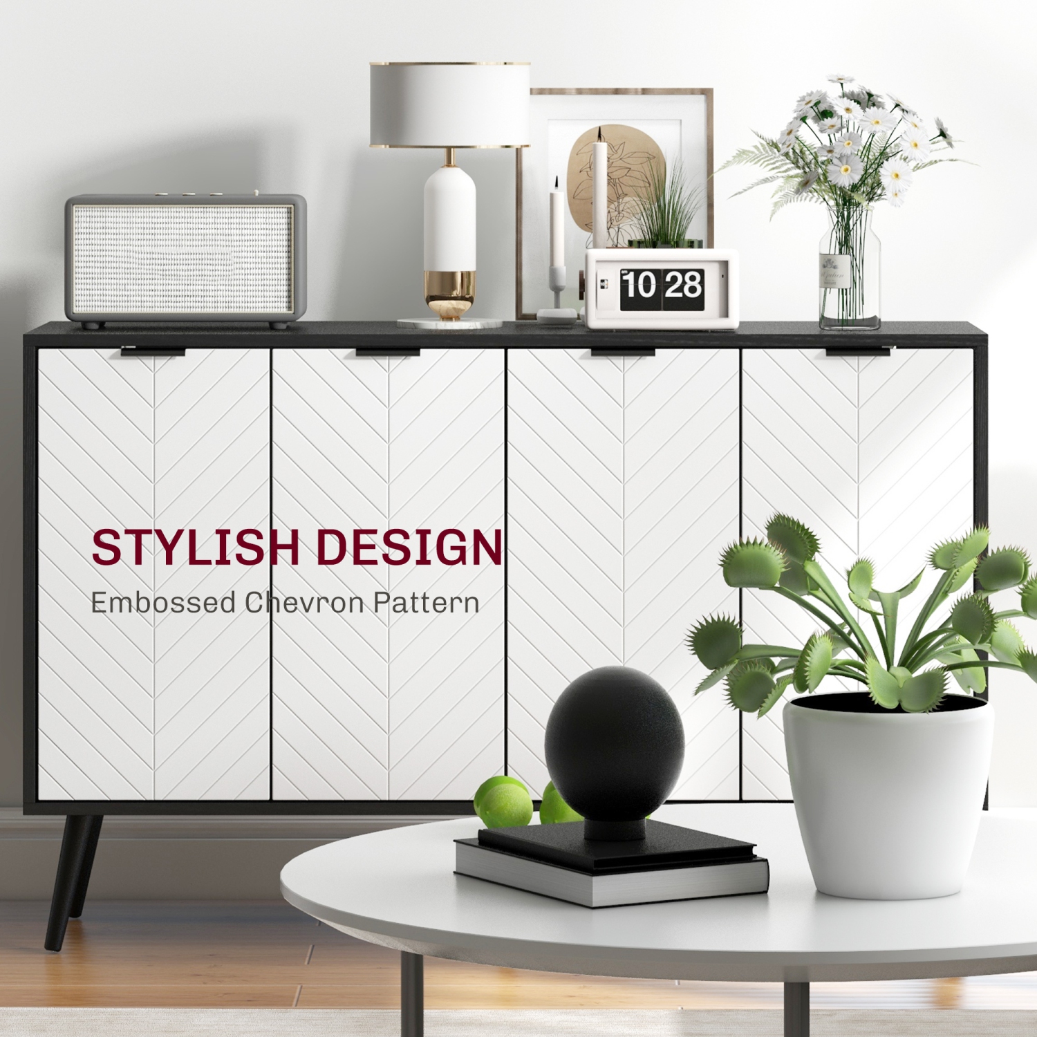 HOMCOM – Buffet moderne, armoire de rangement de cuisine de 47 po avec 4 portes et 2 tablettes ajustables, bar à café, noir