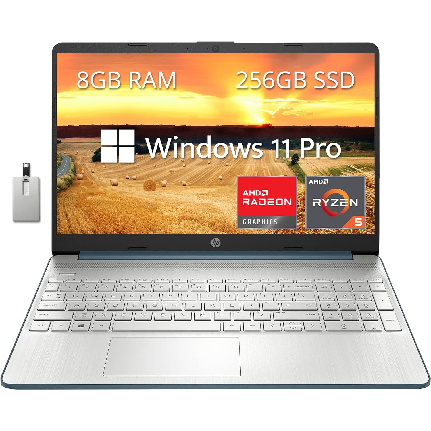 HP 15.6" FHD Laptop, AMD Ryzen 5-5500U (Beats Intel i7-1065G7), 256GB PCIe SSD, 8GB RAM, AMD Radeon Graphics, HD Webcam, Bluetooth, Wi-Fi, Win 11 Pro, Blue, 32GB Hotface USB Card