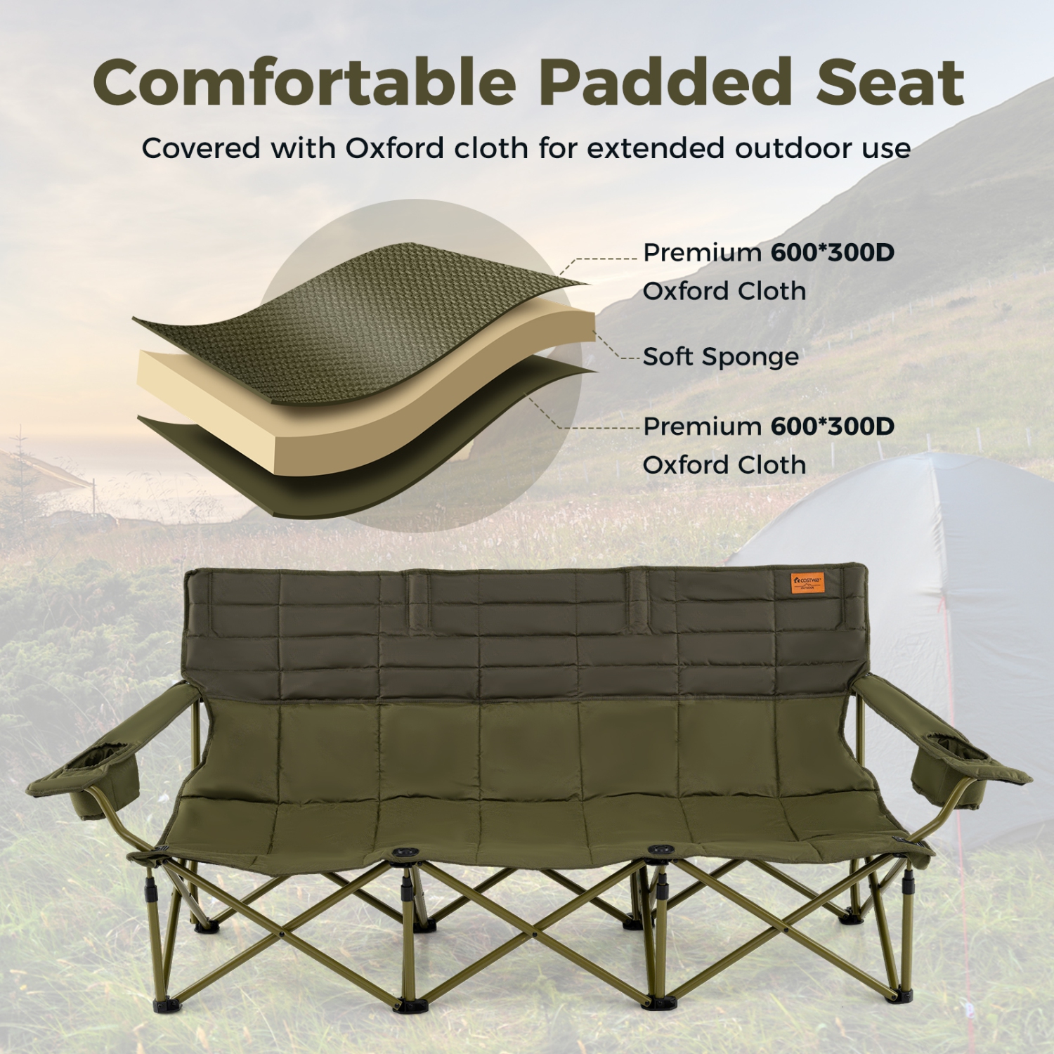Costway 3 Person Folding Camping Chair Heavy-Duty Camp Couch with 2 Cup Holders Padding