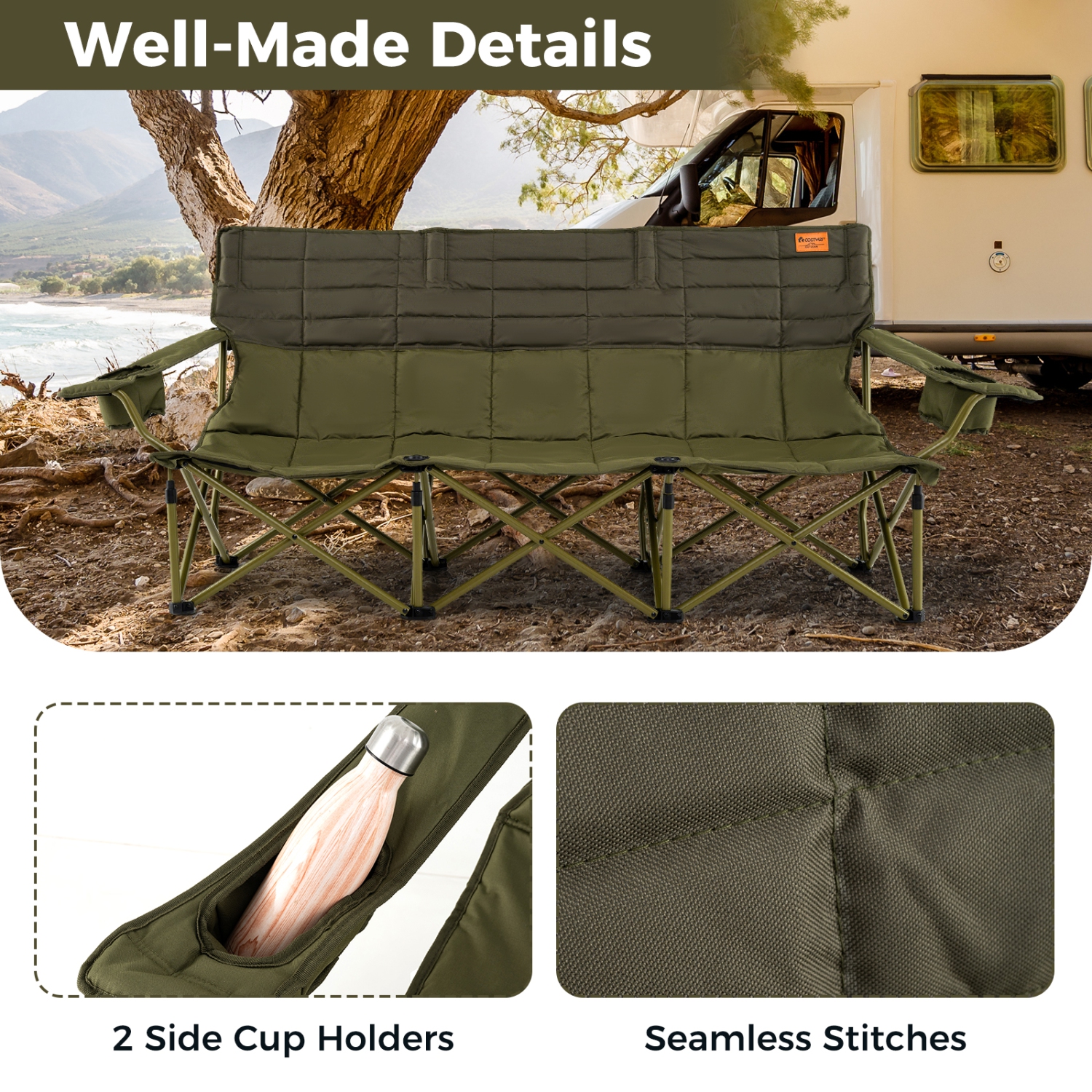 Costway 3 Person Folding Camping Chair Heavy-Duty Camp Couch with 2 Cup Holders Padding