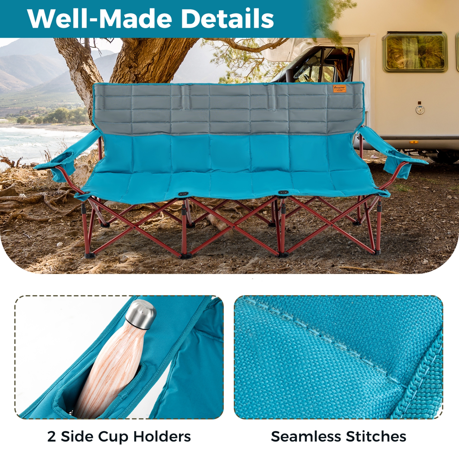 Costway 3 Person Folding Camping Chair Heavy-Duty Camp Couch with 2 Cup Holders Padding