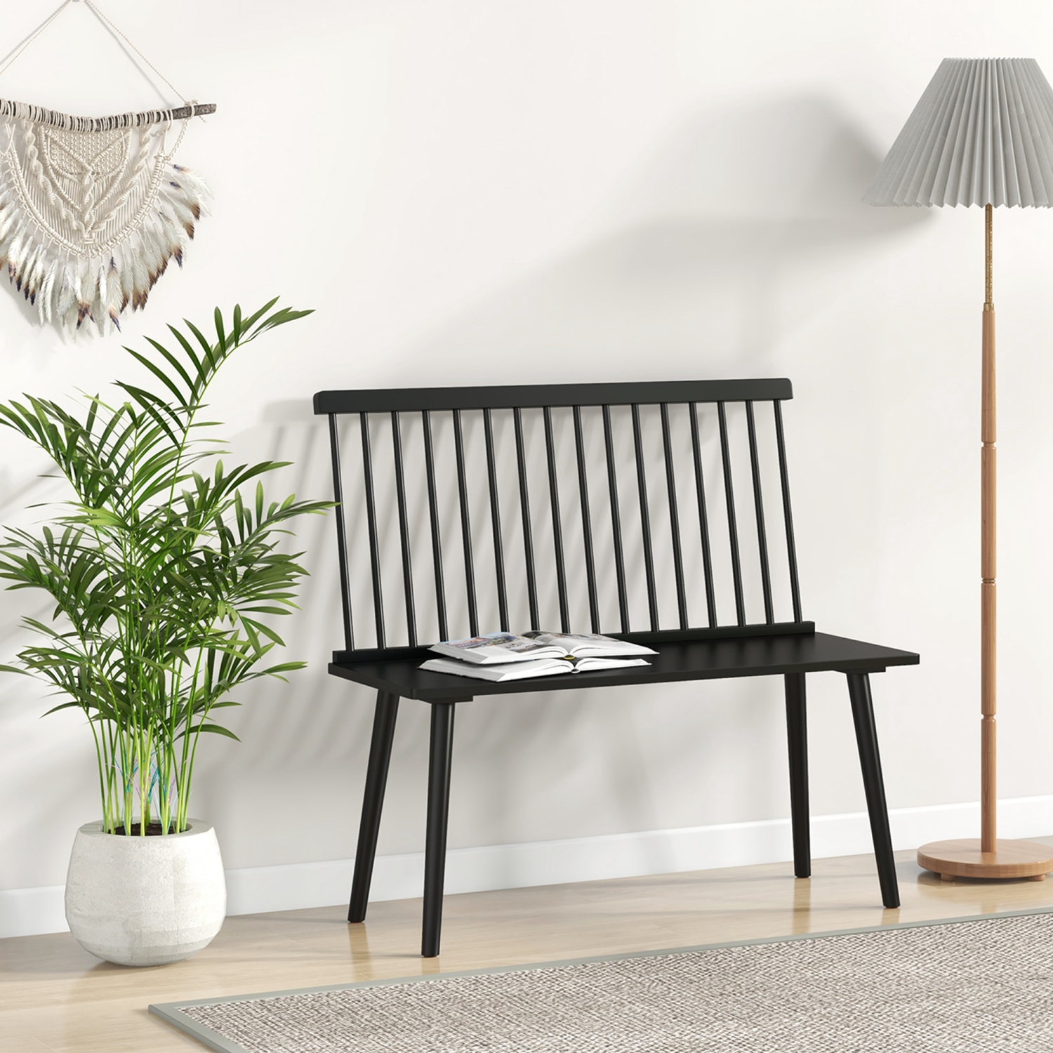 Banc d'entrée de Costway pour banc de salle à manger en bois de caoutchouc Windsor avec dossier à barreaux 2