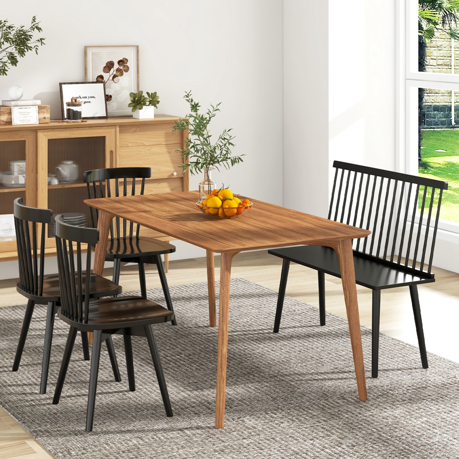 Banc d'entrée de Costway pour banc de salle à manger en bois de caoutchouc Windsor avec dossier à barreaux 2