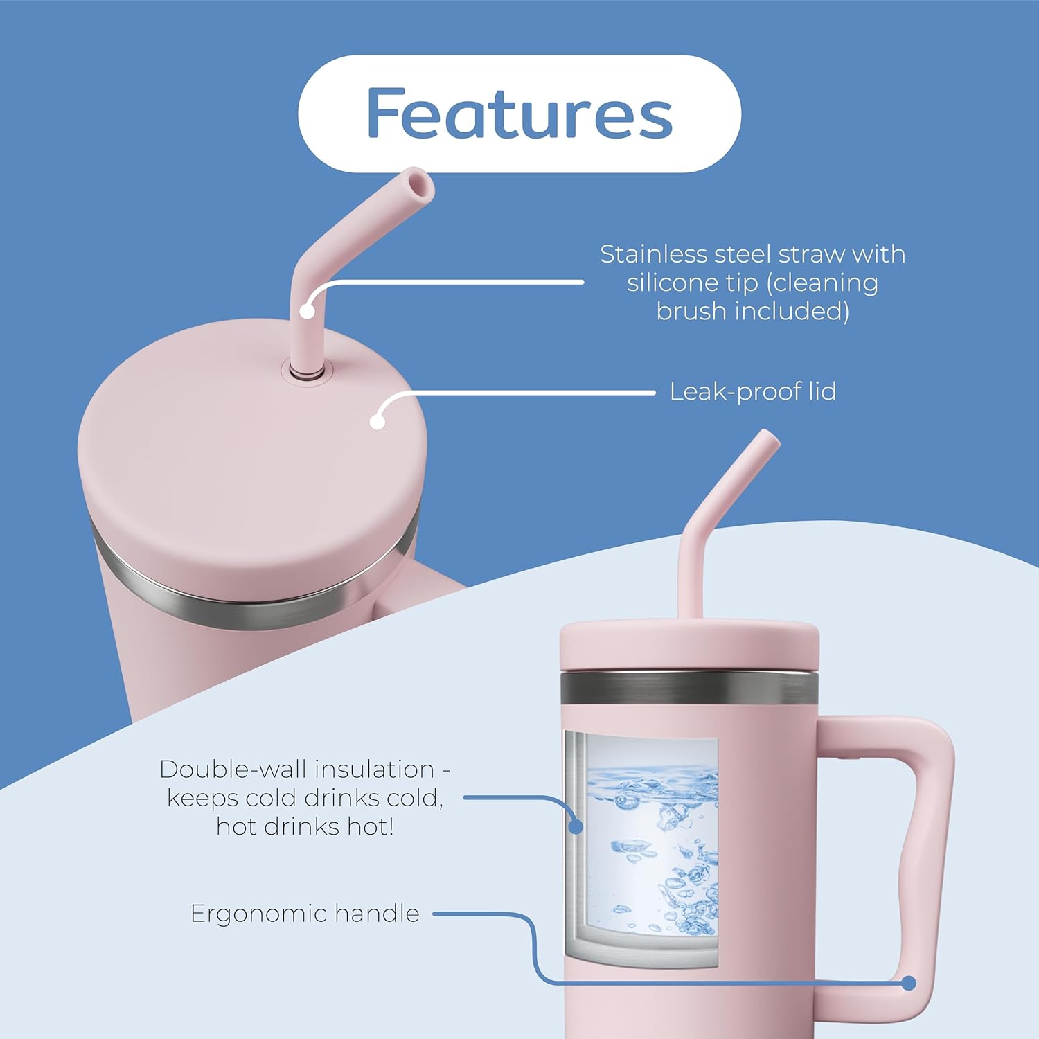 BOZ 40&nbsp;oz – gobelet avec poignée et couvercle à paille, bouteille d’eau isotherme en acier inoxydable, tasse de voyage réutilisable, idéal pour