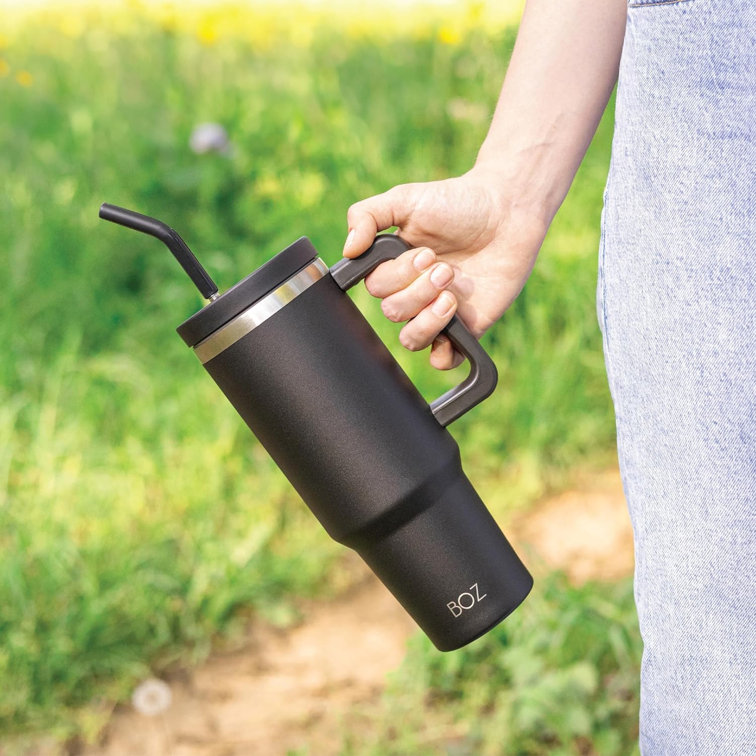 BOZ 40 oz Tumbler with Handle and Straw Lid - Cupholder-Friendly, Insulated Stainless Steel Water Bottle, Reusable Travel Mug, Ideal for Hot & Cold
