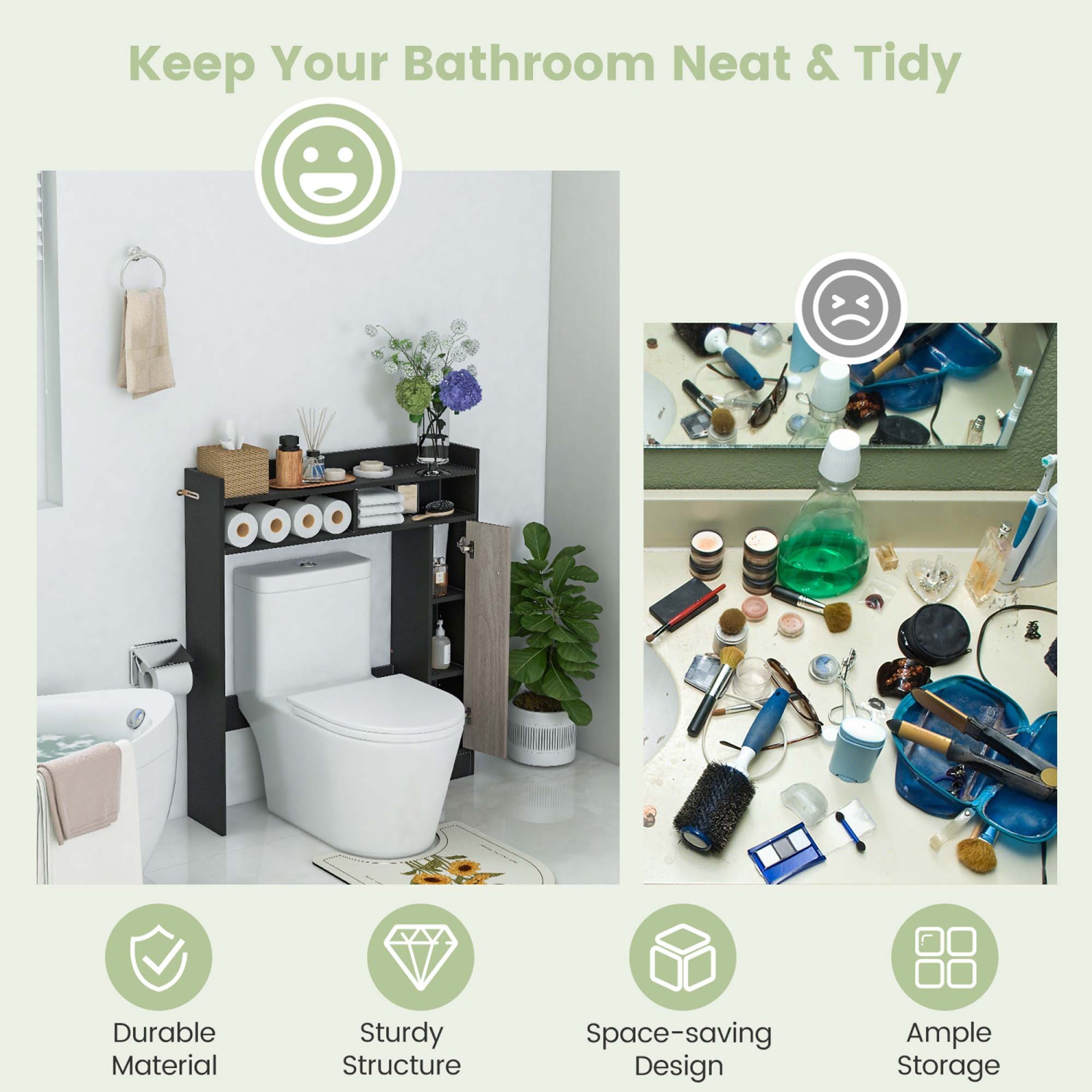 Costway Over the Toilet Bathroom Cabinet Floor Storage Organizer with Adjustable Shelves